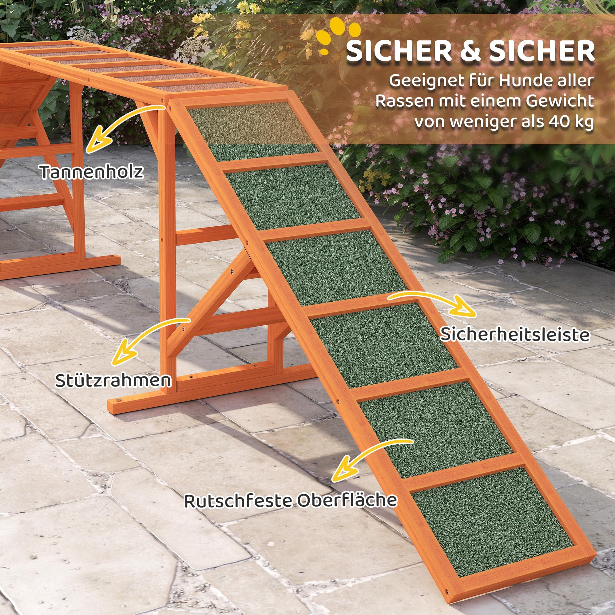 PawHut Hunde Agility Steg Agility-Ausrüstung für Hunde mit Sicherheitsstange Rutschfester Oberfläche wetterfest Agility-Gerät als Laufsteg & Trainingsequipment bis 40 kg für Garten 335x55x60cm Orange