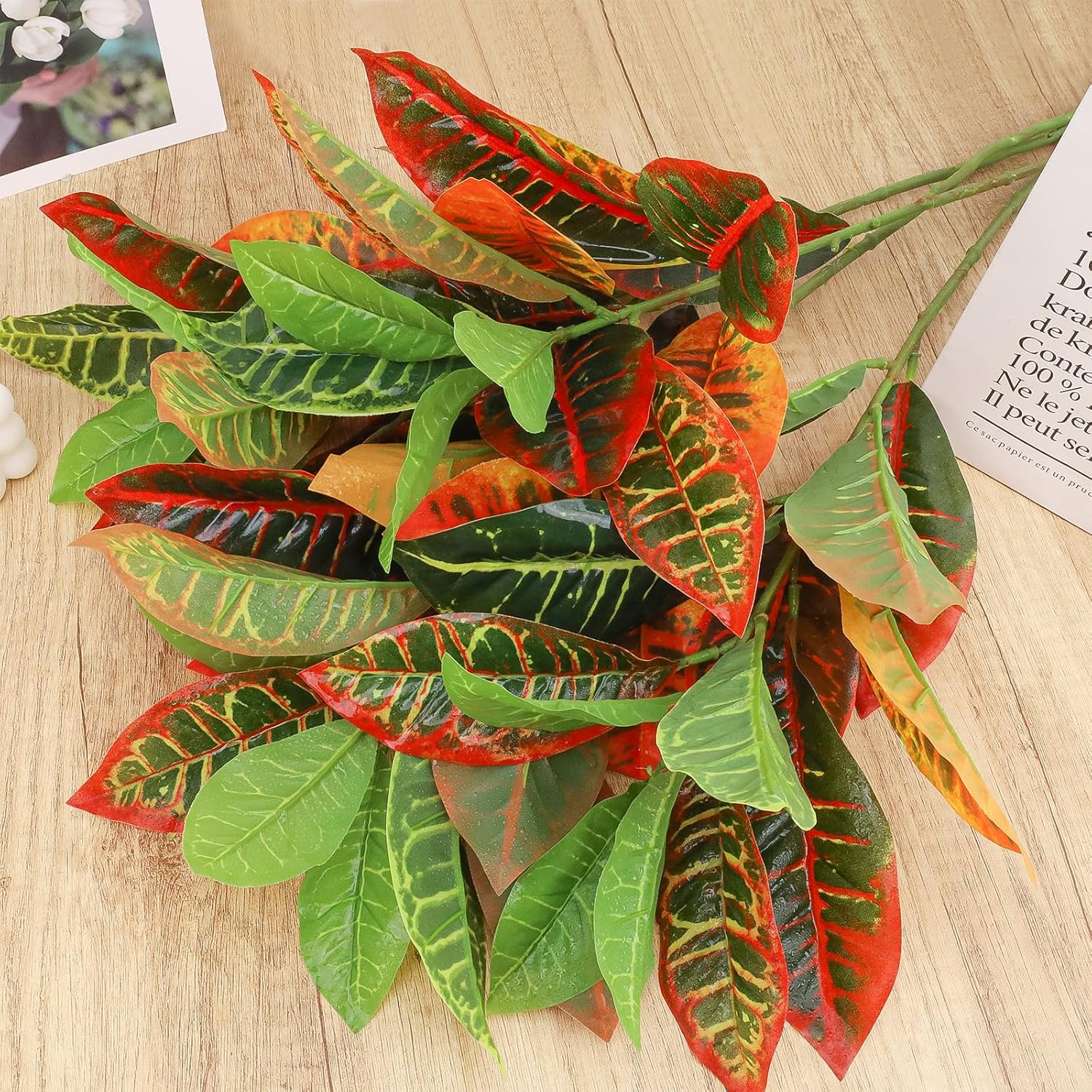 4 Pack Artificial Croton Plant Stem 29 Inch Realistic Faux Greenery Branch Long Vivid Autumn Colors Leaves for Home Vase Filler Christmas Wreath Fireplace Decor Wedding Centerpieces