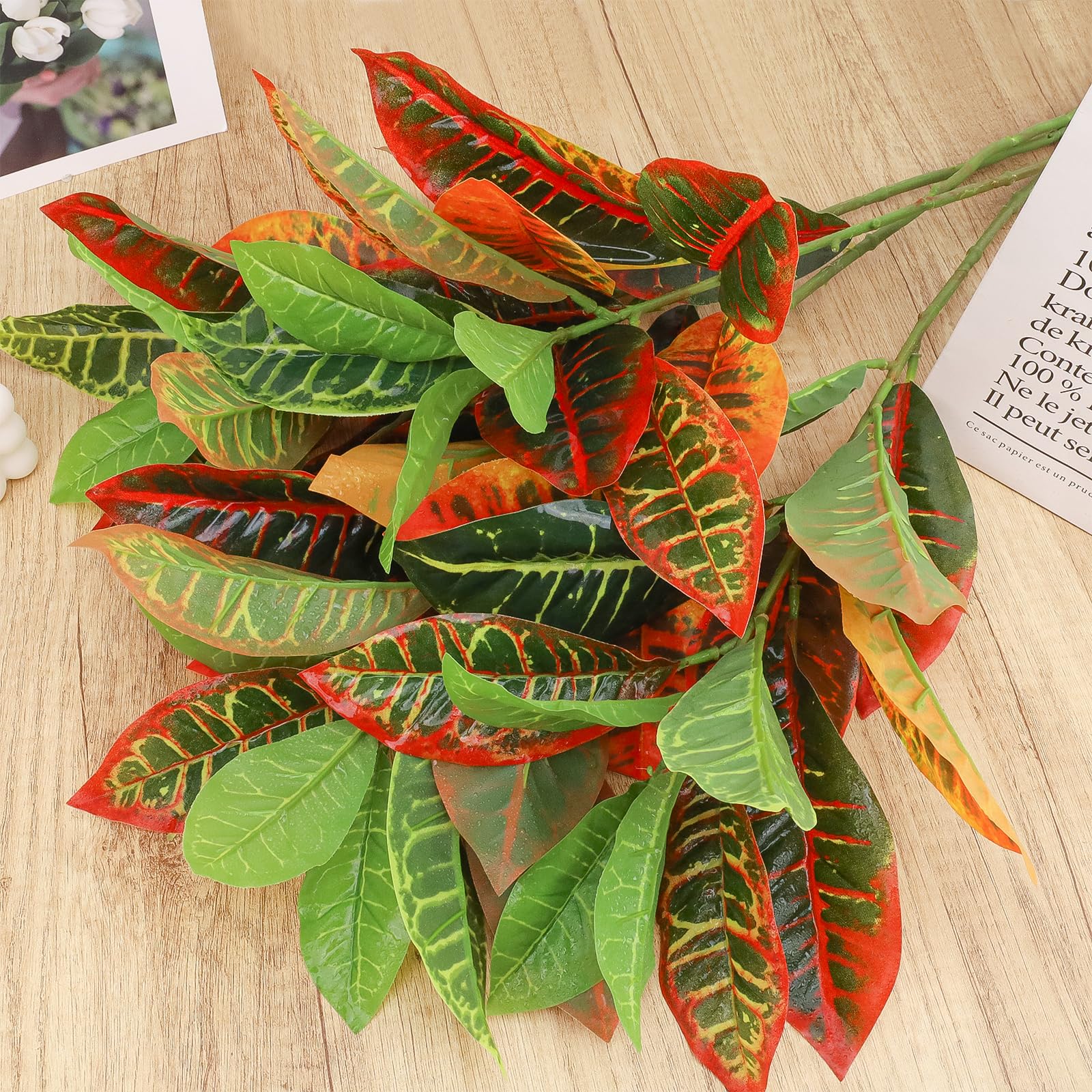 4 Pack künstliche Croton Pflanze Stiel 74 cm realistische Faux Greenery Zweig Lange lebendige Herbstfarben Blätter für Haus Vase Füller Weihnachten Kranz Kamin Dekor Hochzeit Mittelstücke