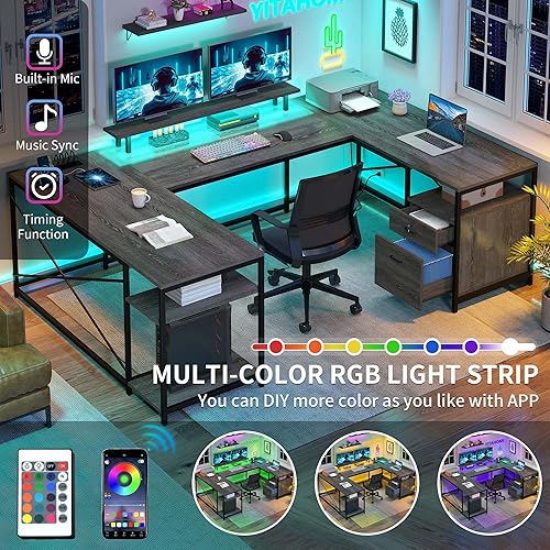 Miniatura 4 de YITAHOME Escritorio en forma de U con tomas de corriente y luces LED, escritorio reversible en forma de L de 79 pulgadas con cajones, escritorio de