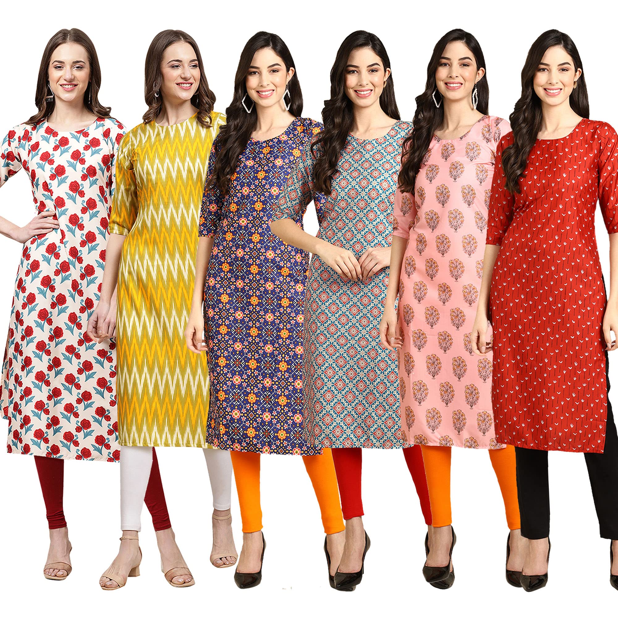Pinkmint Women's Crepe Digital Print Straight Kurta Pack Of 6 [Cr-342-329-369-372-368-370-M]