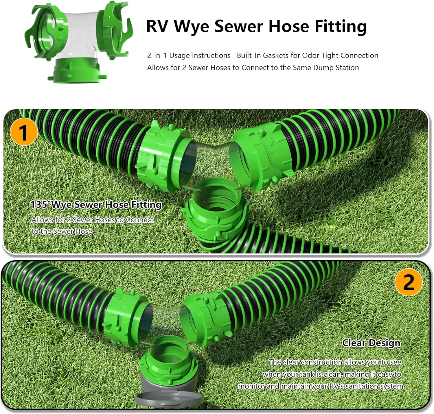 6-in-1 - RV Wye Sewer Hose Fitting and Built-in Gasket Odor - Allows for 2 Camper Sewer Hoses to Connect to the Same Dump Station (Wye -Elbow Adapter)