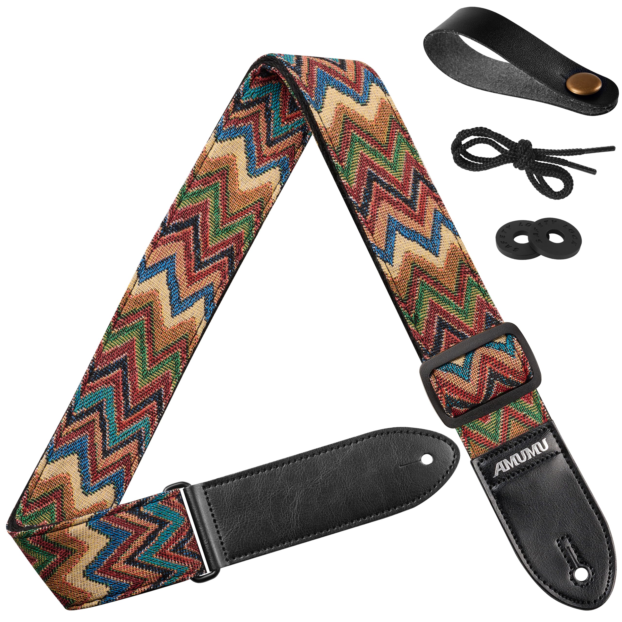 Amumu Chevron Guitar Strap Multi-Color Jacquard for Acoustic Guitar Electric Guitar and Bass Guitar includes Strap Blocks & Headstock Tie