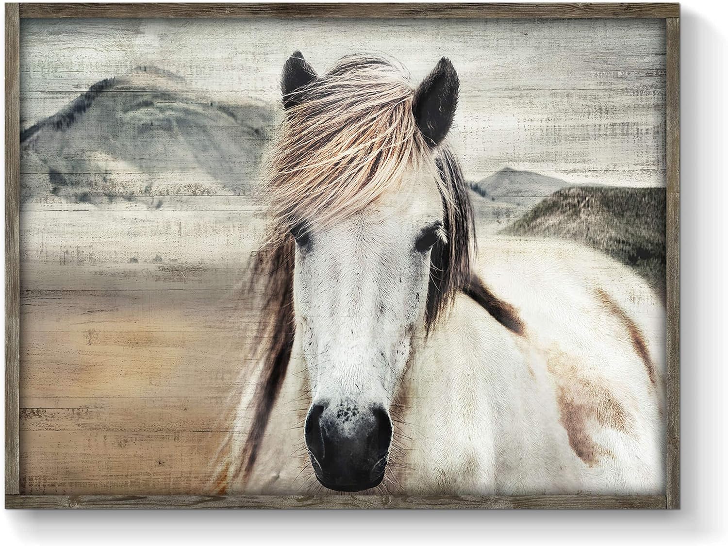 Horse Framed Picture Wall Art: Vintage Western Mountain Landscape Inspirational Animal Painting for Office or Living Room (16" W x 11" H, Multiple Sizes)