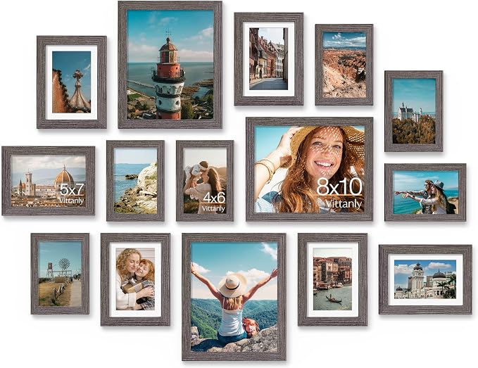 Vittanly 15 Pack Picture Frames, Multi Sizes Including 3pcs 8x10, 6pcs 5x7, 6pcs 4x6, Rustic Grey