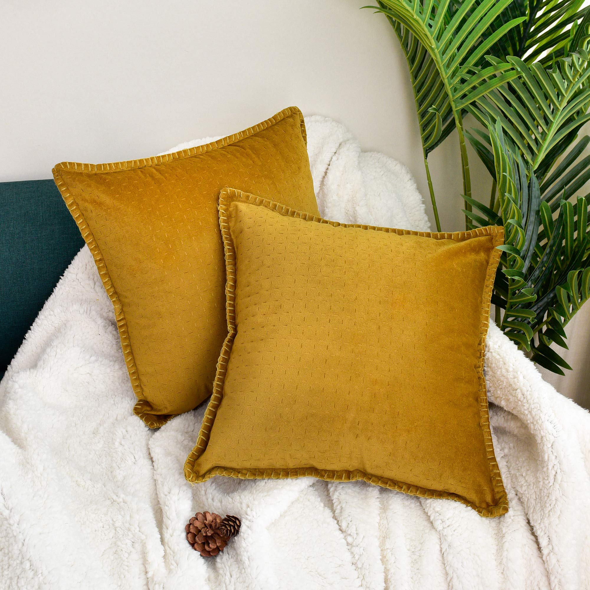 JS HOME Set of 2 Throw Pillow Covers, 280GSM Ultrasonic Quilting, Soft Plush Decor Cushion for Both Living Room and Bedroom （18"x 18", Ripe Mango）