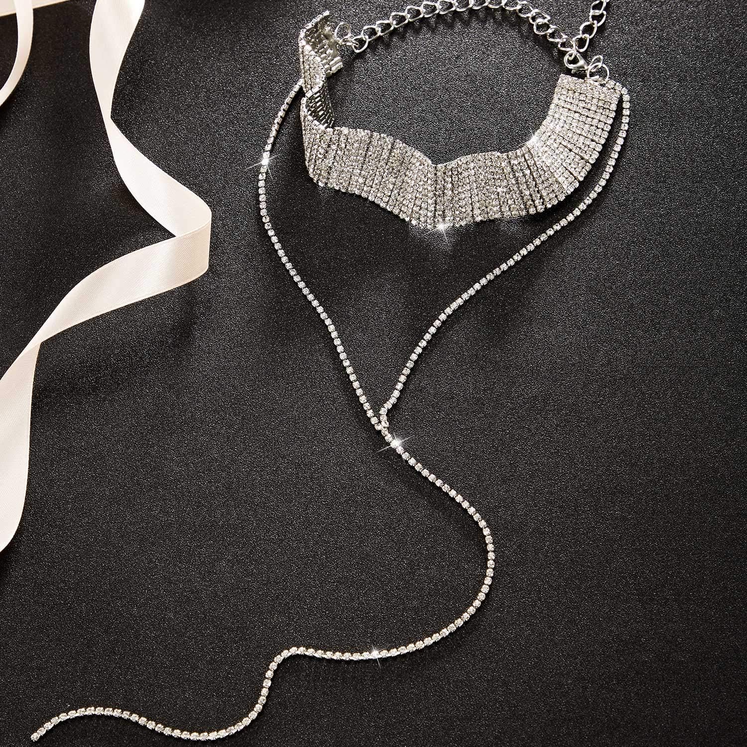 3 Pieces Layered Necklace Rhinestone Layered Double Crystal Fashion Multilayered Long Choker Necklaces Rhinestone Jewelry Choker Chains for Women and Girls - Image 6