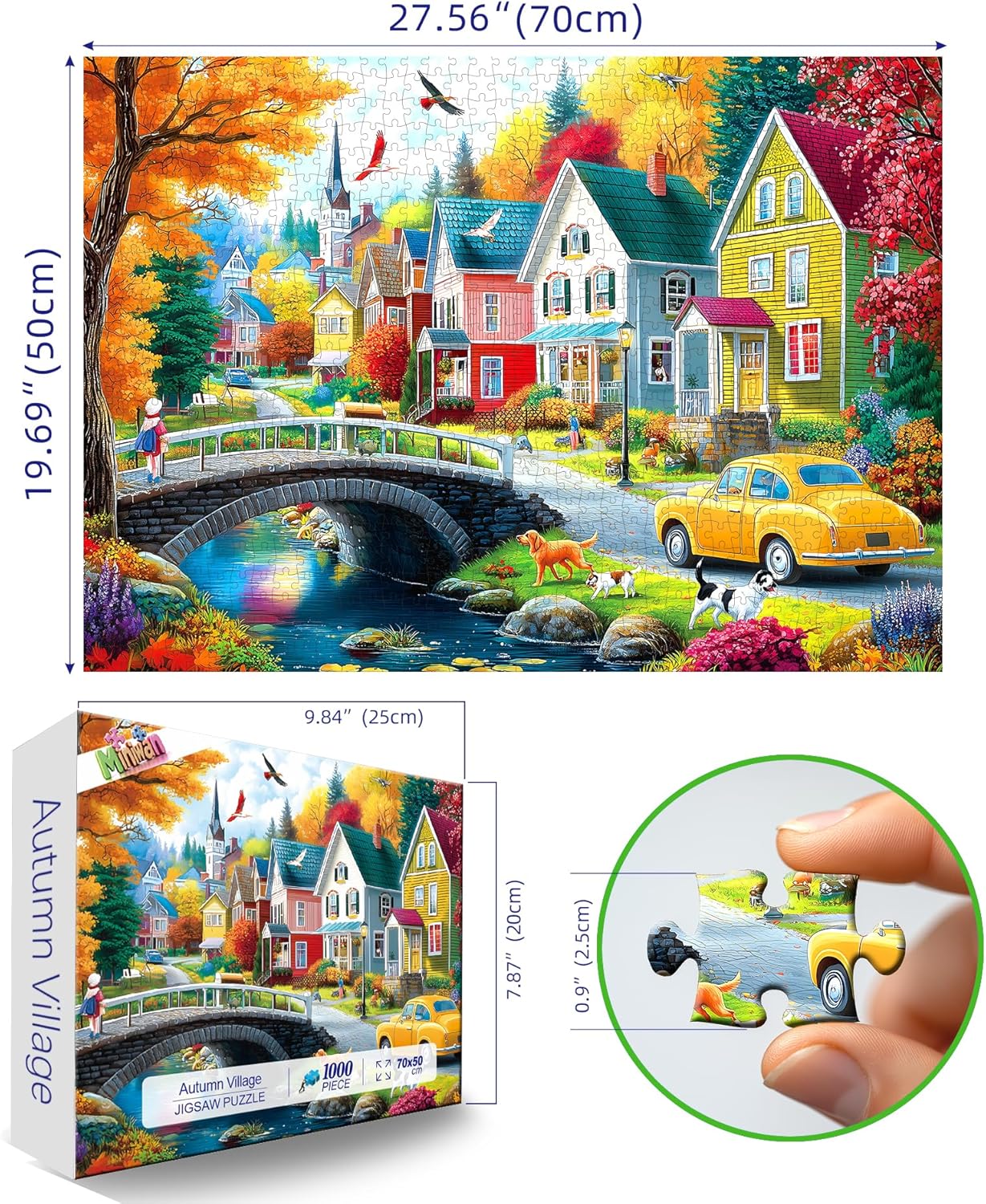 MINIWAN Cozy Autumn Small Town River Puzzles for Adults 1000 Pieces, Colorful Fall Village Houses Bridge Dog Jigsaw Puzzle, Gift for Landscape & Countryside Lovers 27.5x19.7 Inch