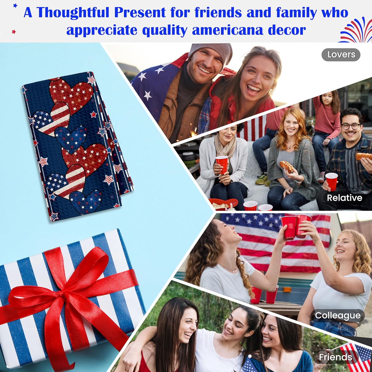 4th of July Kitchen Towels, Stripe Stars Heart 250th Anniversary Patriotic Memorial Day Independence Day Hand Towels for Bathroom, American Flag Americana Home Decor Dish Towel - A01