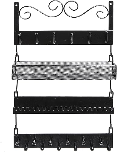 Miniatura 7 de MyGift Organizador de joyas colgante de metal negro de 4 niveles con 18 ganchos, soporte para aretes y collar, estante de exhibición de pulseras,