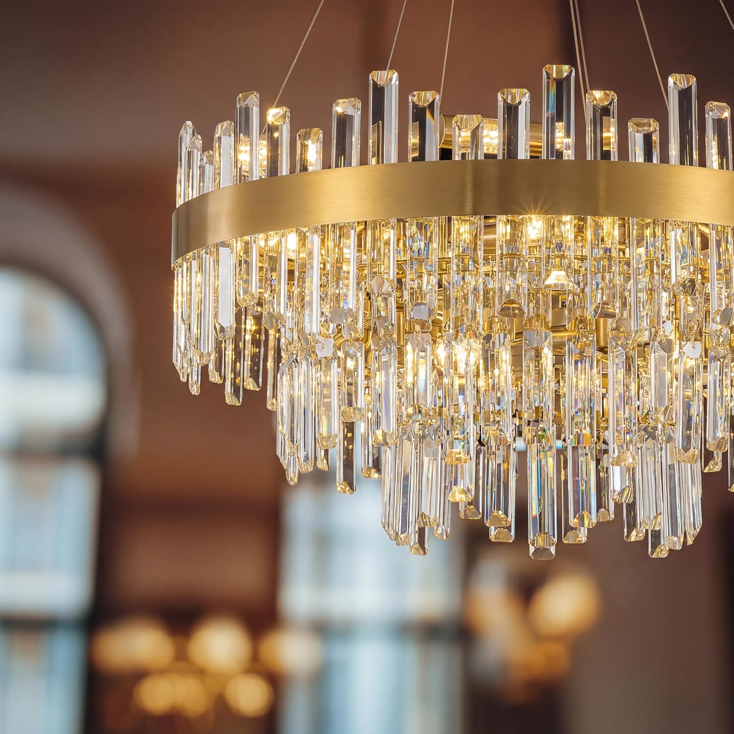 D31.5''Modern Crystal Chandelier,28 Lights Luxury Gold Round Chandeliers for Dining Room,3-Tiers K9 Crystal Pendant Ceiling Light Fixture for Living Room Dining Room Entryway Foyer