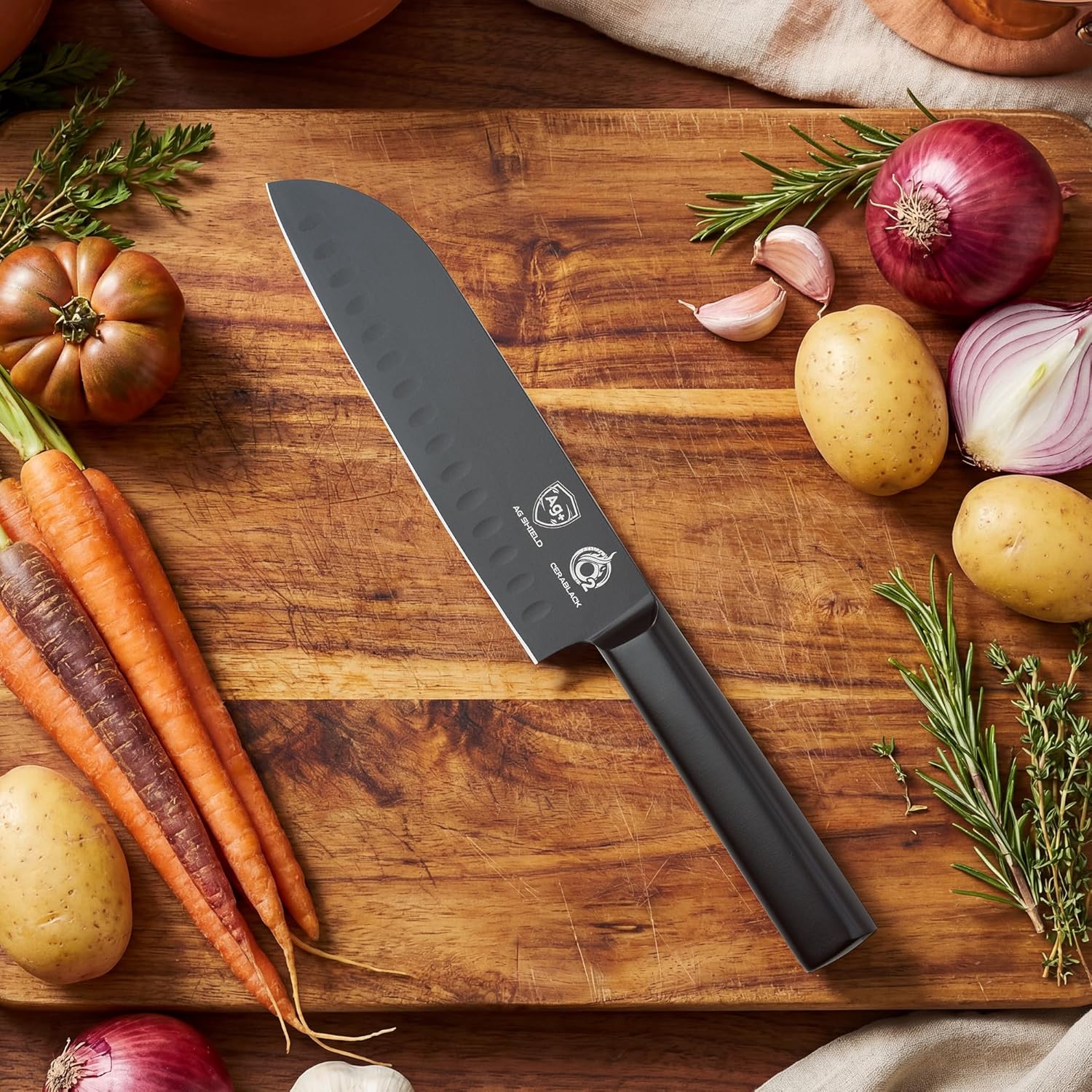 OOU® Black Blade 7 Inch Santoku Knife with AgShield™ & Cerablack™ Technology, Rust-Resistant & Easy-Clean Finish, Japanese Style Hollow Edge for Dicing & Mincing - Image 7