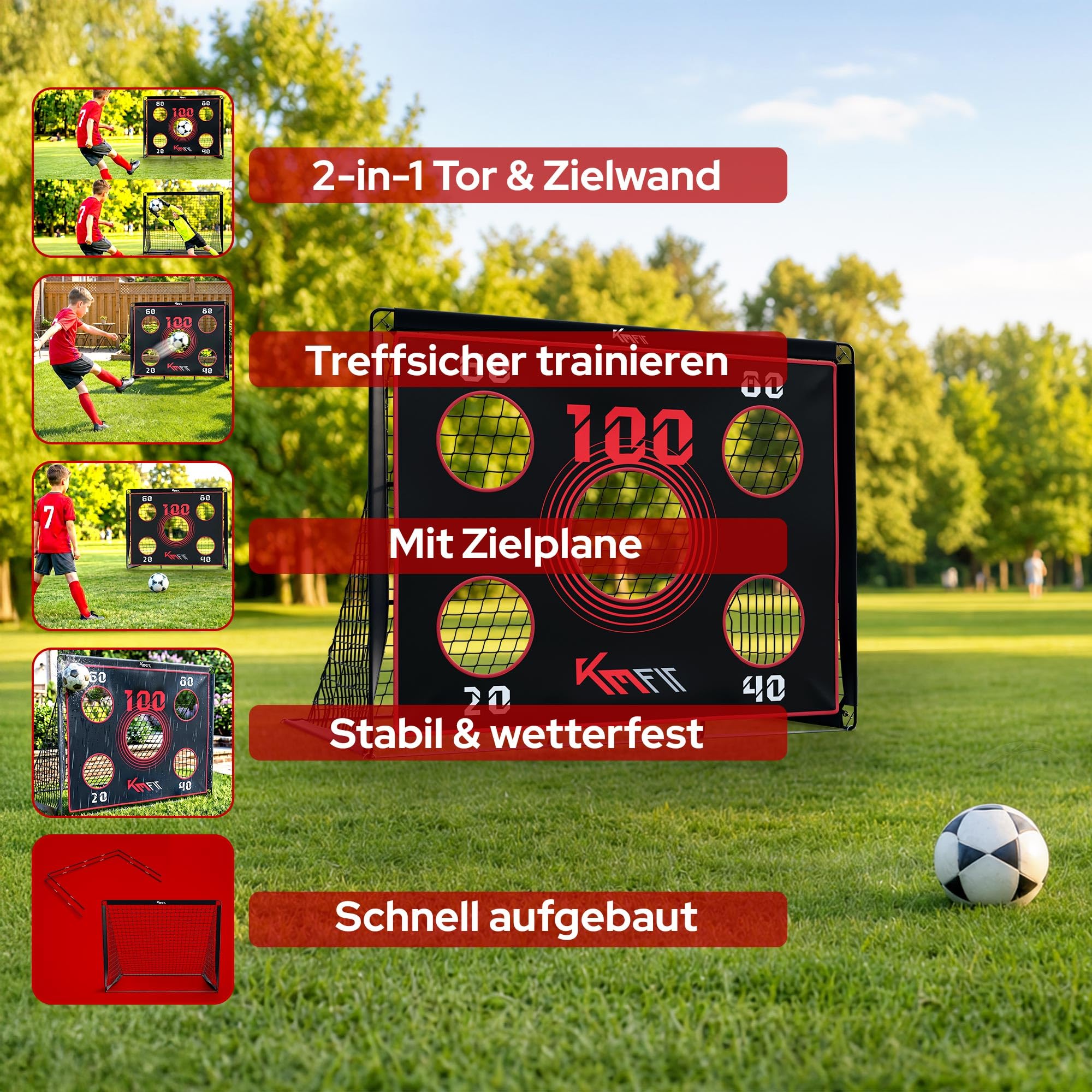 KM-Fit Fußballtor | Fußball Trainingsset für Kinder & Erwachsene | Trainingstor für Garten & Outdoor | Inkl. Bodenanker & Tragetasche