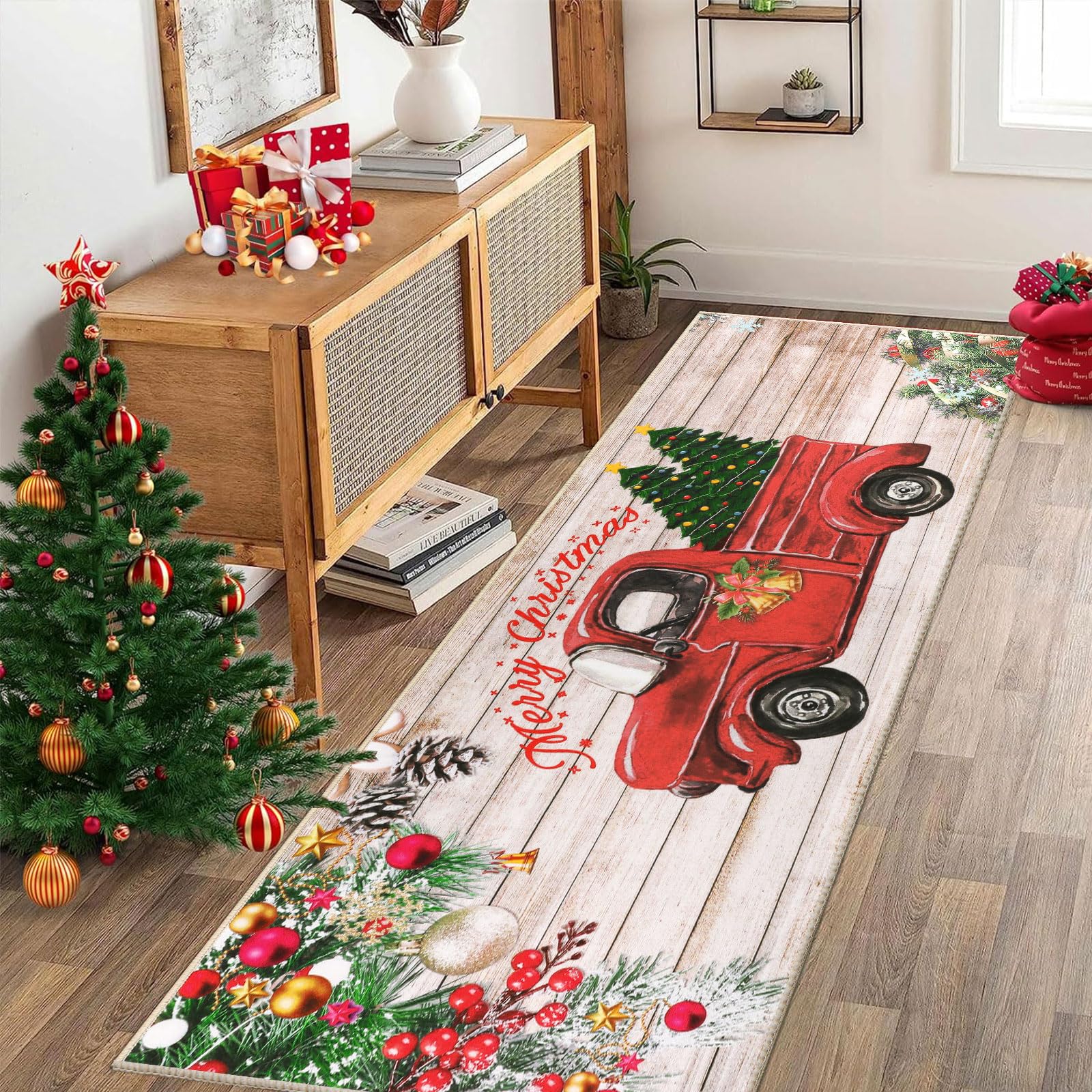 SHACOS Alfombra de Pasillo Navidad, 60x180cm Alfombra de Cocina Antideslizante Felpudo Entrada Largo Alfombra Hall Entrada Decorativa con Diseño de Navidad para Pasillo, Cocina, Salón, Baño