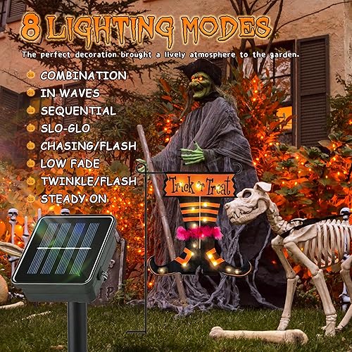 Miniatura 6 de Luces de bandera graduadas de Halloween sin asta de bandera, bandera de patas de bruja de doble cara de 17.1 x 17.2 pulgadas, 16 luces LED blancas