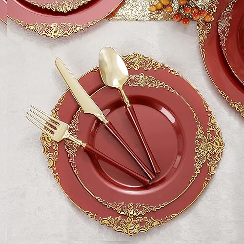 Miniatura 6 de Liacere 50 platos de plástico rojo, platos desechables de plástico dorado que incluye 25 platos de postre rojos de 7.5 pulgadas y 25 platos llanos