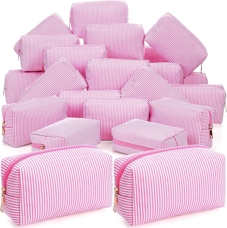 Necessaires retangulares Sanwuta de tecido seersucker listrado rosa com zíper, Pacote com 30