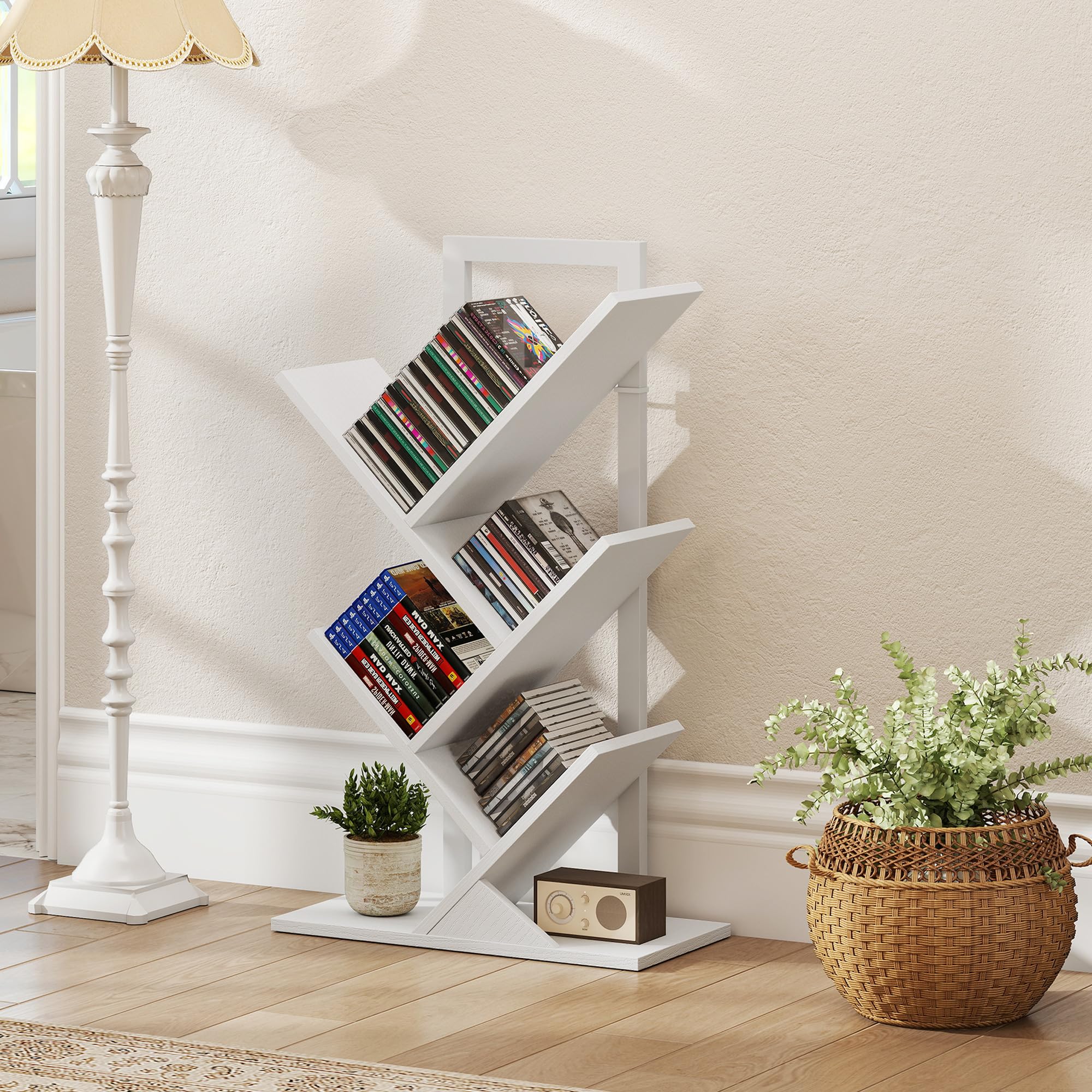 HOMCOM Librería en Forma de Árbol de 5 Niveles, Estantería de Libros con 5 Estantes, Estructura de Acero, para CD, DVD, Álbumes, Sala de Estar, Oficina, Estudio, Dormitorio, 50x24x82 cm, Blanco