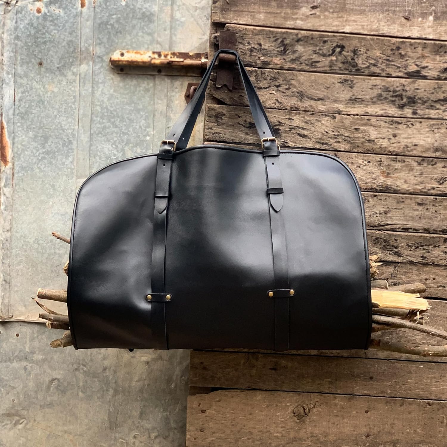 Firewood Carrier Log Carrier Tote Bag Log Holder Bag Handmade Genuine Black Leather Log Carrier Bag Firewood Holder Bin Box Storage Fireplace/Kitchen accessory Christmas Gift