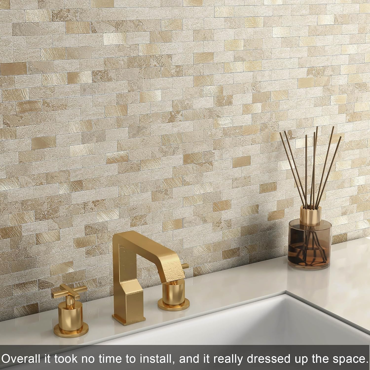 VAOVI Marble Look Peel and Stick Brick Mosaic Tile Backsplash Kitchen Bathroom Wall Sticker(5sheets,Beige Mix)