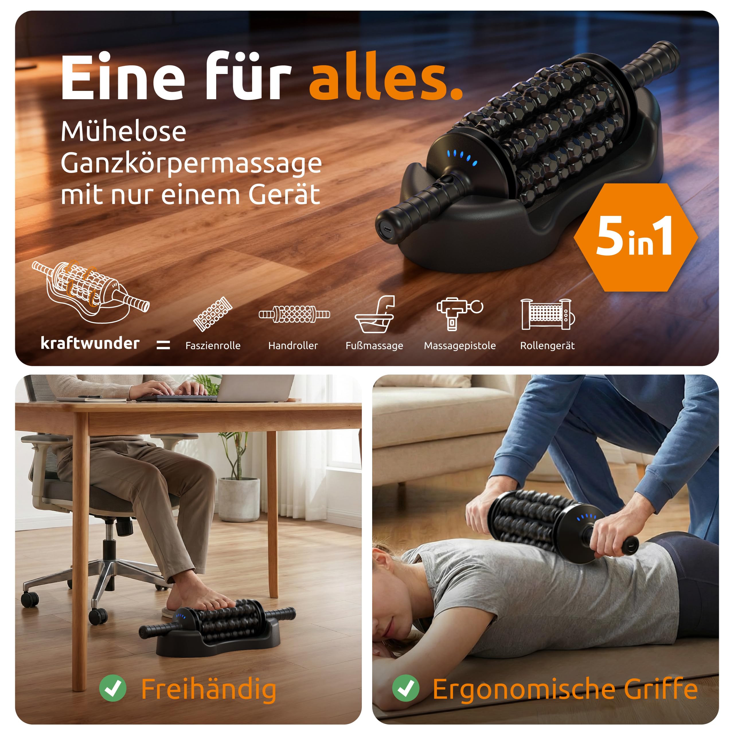 Elektrische Faszienrolle – 8 rotierende Walzen mit Klopfmassage statt Bodenturnen – Massageroller elektrisch mit Griff & Fuß-Station – Deep Roller für Rücken, Nacken & Beine (Schwarz)
