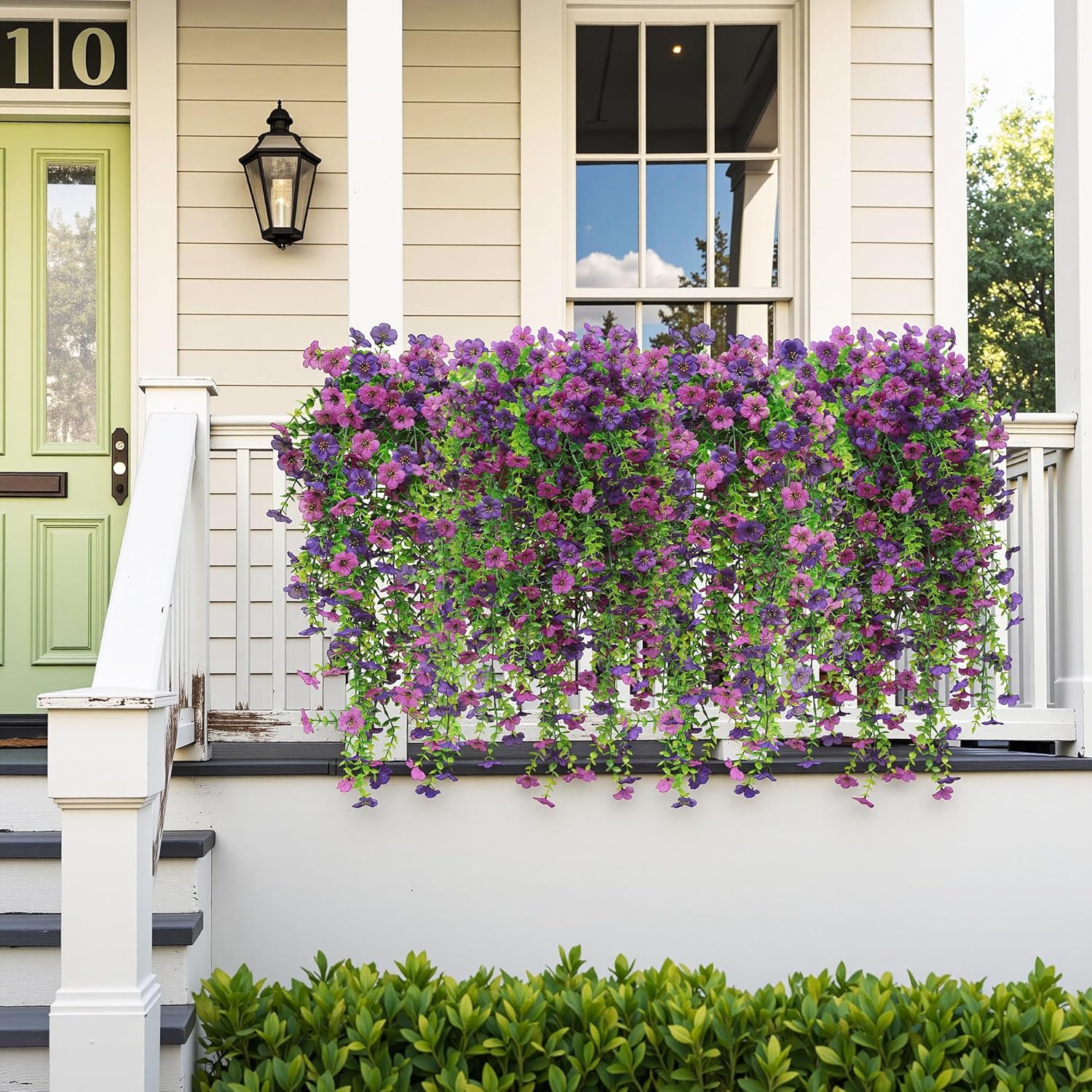 Artificial Fake Hanging Flowers Plant Spring Summer Decoration for Outdoor Faux Silk Daisy with Eucalyptus 4 Pcs Realistic UV Resistant Indoor Outside Garden Porch Patio Balcony Yard(Double Purple)