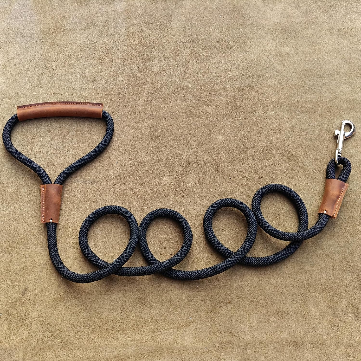 4/5/6 FT Heavy Duty Nylon Rope Dog Leashes with Comfortable and Durable Leather Handles, Dog Leash Using Strong Nylon Rope for Small Medium and Large Dogs (Black, 1/2“ x 6FT (20-120 LBS))