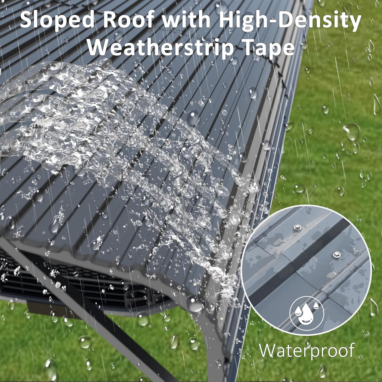 Close-up of a sloped carport roof with water running off, showing high-density weatherstrip tape and a waterproof seal.