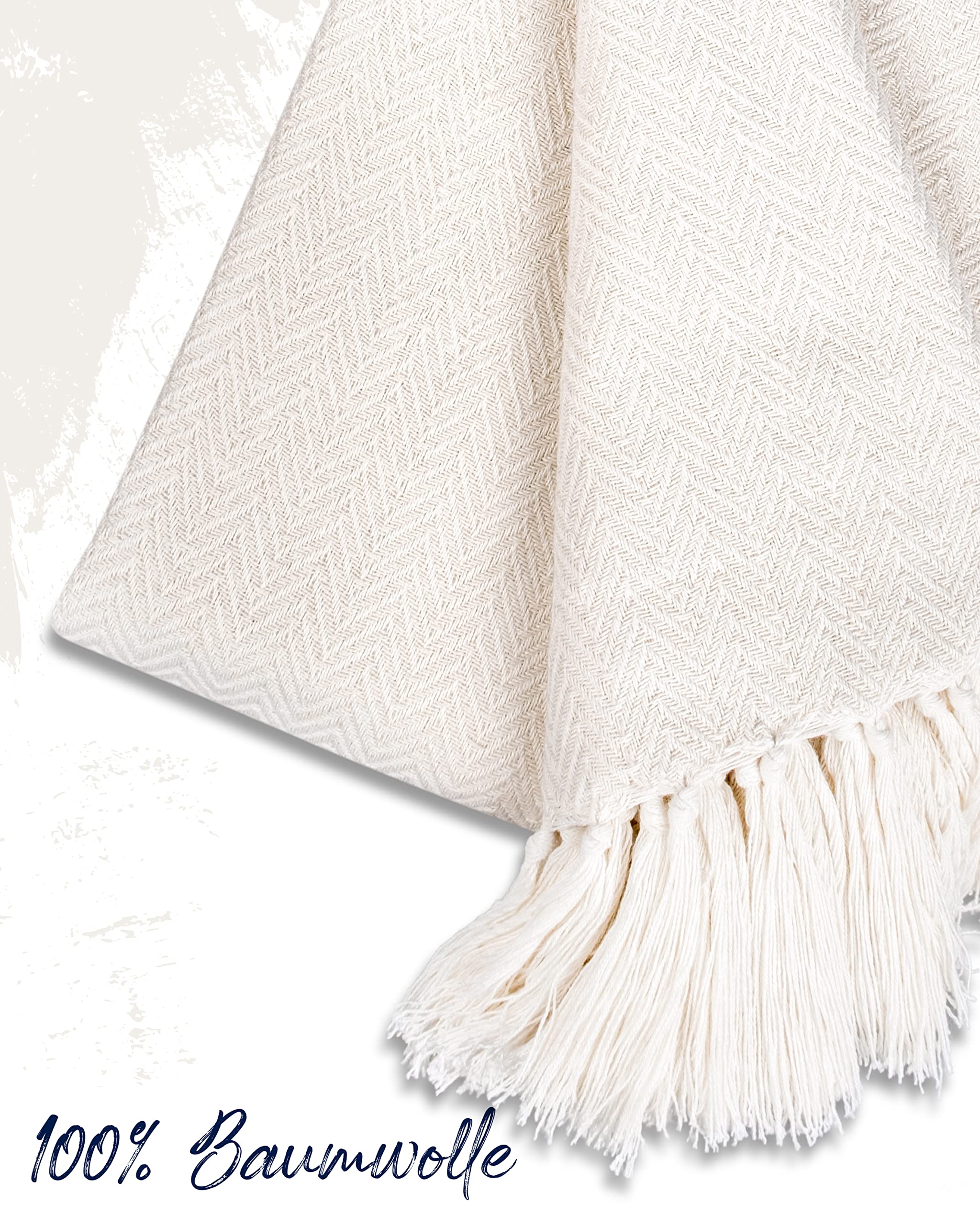 Gräfenstayn Colcha Premium con Flecos - 100% Algodón - 220 x 240 cm XXL - Manta de Verano con patrón de Espiga - Manta de algodón como Manta de Cama, Manta de sofá, Manta de sofá (Crema)