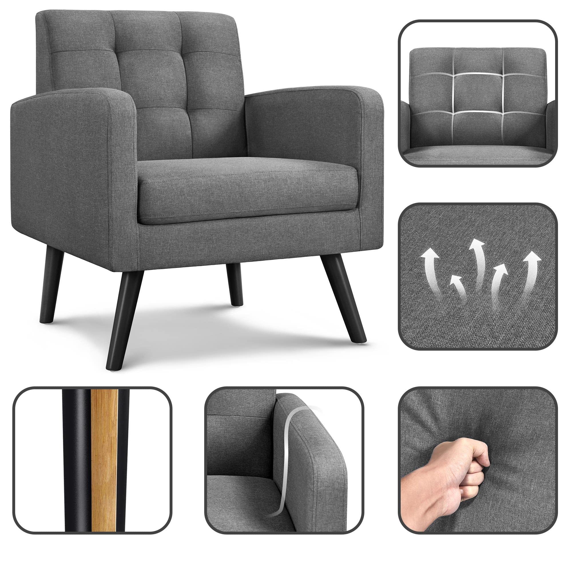 Yaheetech Poltrona Lounge da Salotto Imbottita con Braccioli e Schienale Gambe in Legno Stile Moderno da Lettura/Riposo/Lavoro/Bar Grigio Scuro/Tessuto
