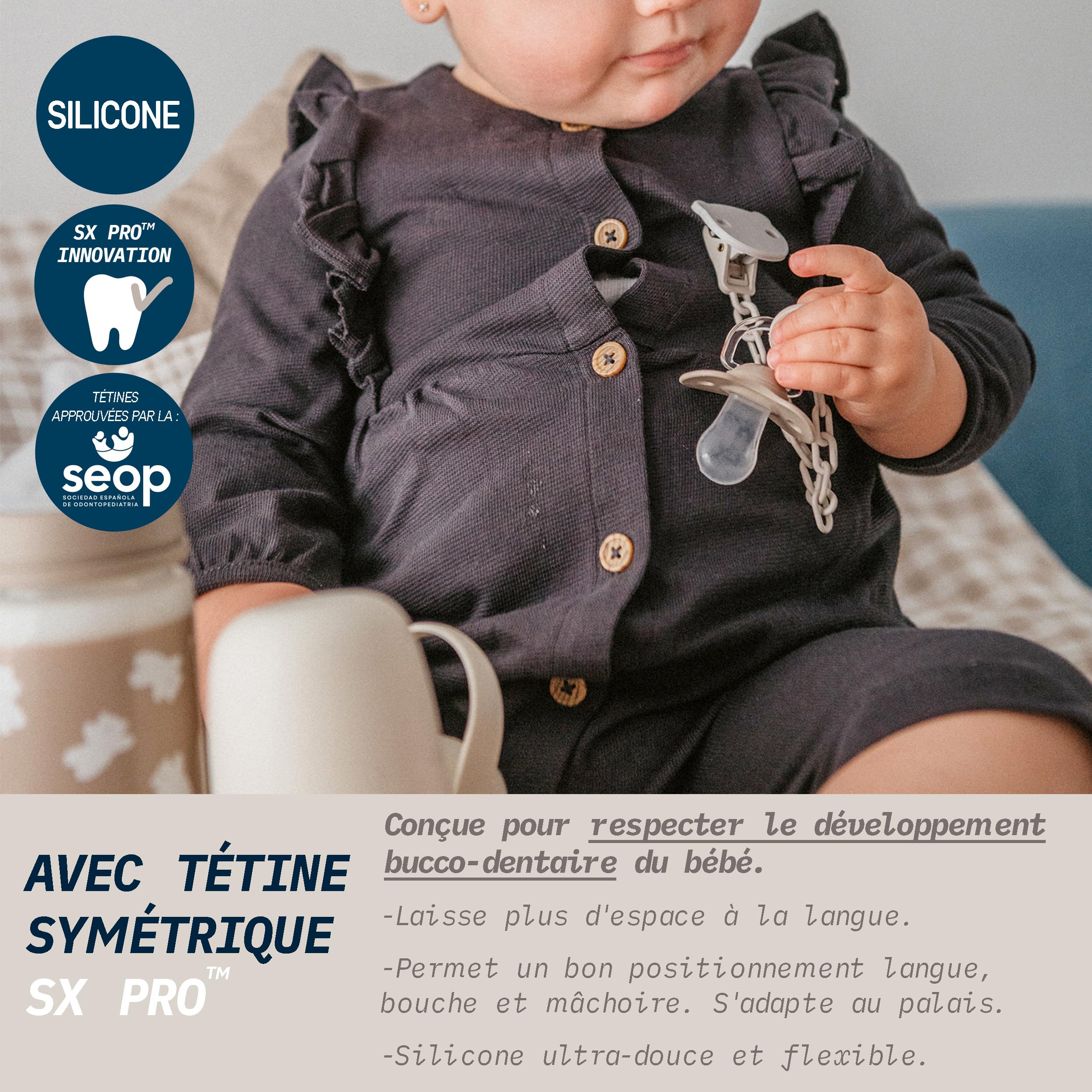Suavinex, Lot 2 Sucettes Bébés 6/18 Mois, Tétine Symétrique SX Pro en Silicone, plus Plate et Flexible, Réversible, Respecte le Développement Buccodentaire, Birdies Gris - 3
