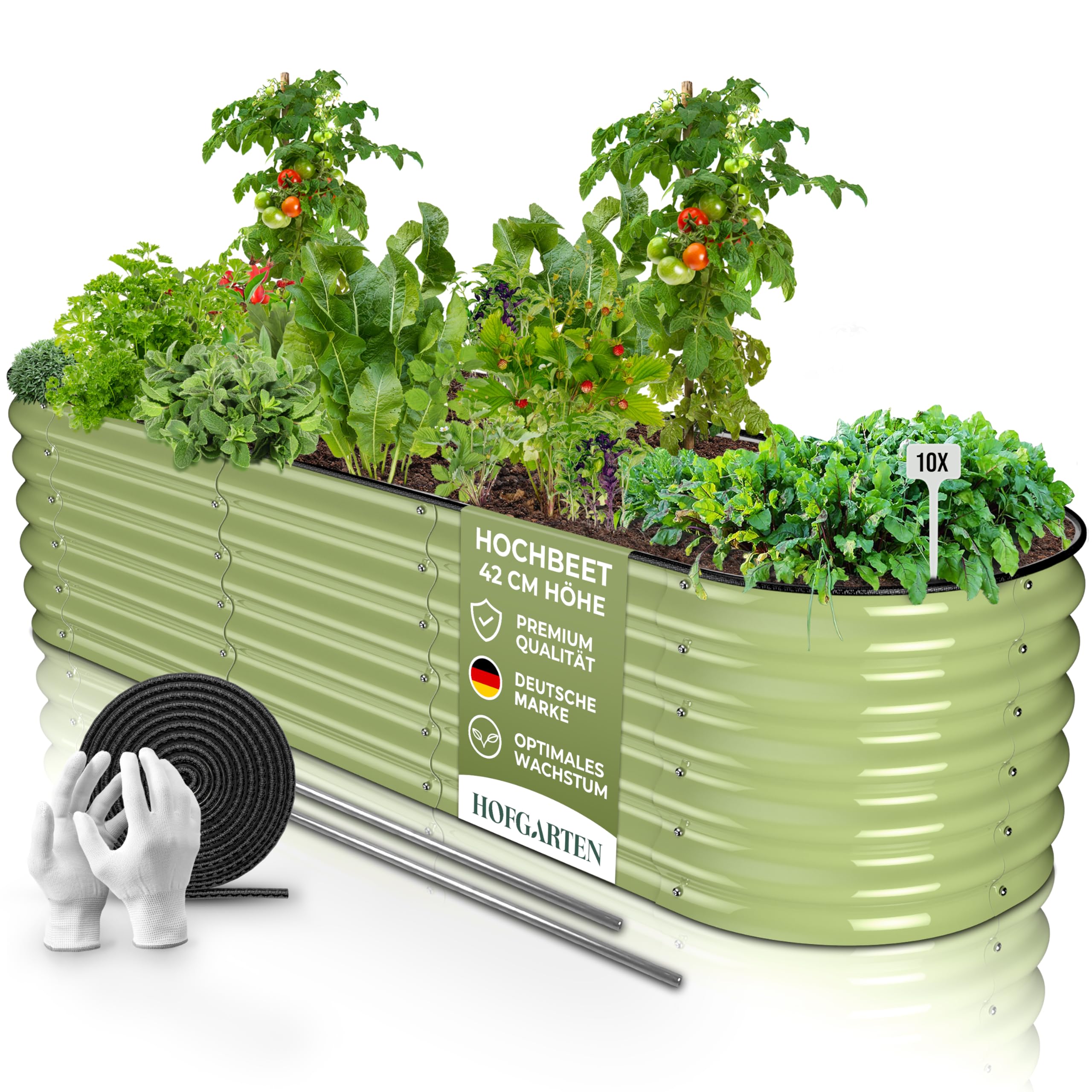 HOFGARTEN 200x60x42 cm Metall Hochbeet für den Garten - Hochwertiges Pflanzbeet aus Zn-Al-Mg Stahl für maximalen Rostschutz und Langlebigkeit, Modularer 6-in-1 Bausatz QuickGrow (Salbei Grün)