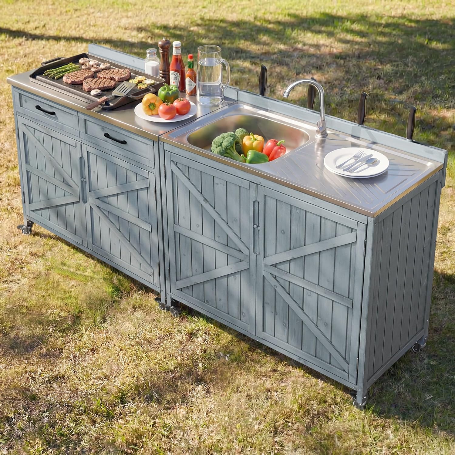 Merax 2 Piece Modular Outdoor Kitchen Series- Kitchen Grill Cart w/Stainless Steel Sink, Wood Rolling BBQ Prep Table w/Stainless Steel Top, Lockable Wheels for Patio & Outdoor Cooking, Grey Blue