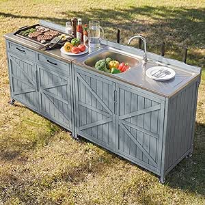 Merax 2 Piece Modular Outdoor Kitchen Series- Kitchen Grill Cart w/Stainless Steel Sink, Wood Rolling BBQ Prep Table w/Stainless Steel Top, Lockable Wheels for Patio & Outdoor Cooking, Grey Blue