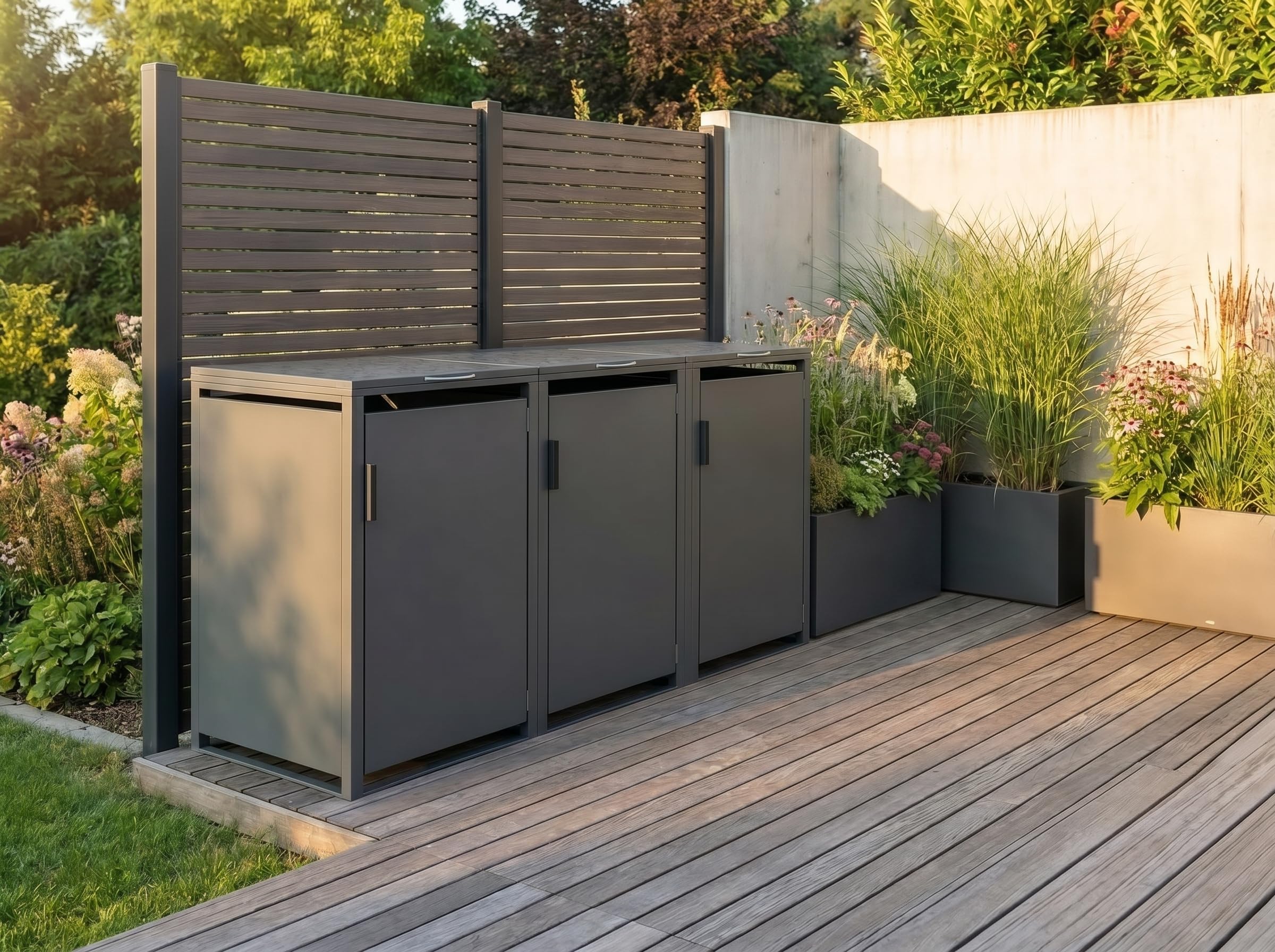 JOMO Mülltonnenbox 3-er 240L aus verzinktem Stahl in Anthrazit – Mülltonnenhaus für 240L Tonnen – Wetterfeste Mülltonnenverkleidung, stabile Müllbox mit Belüftung