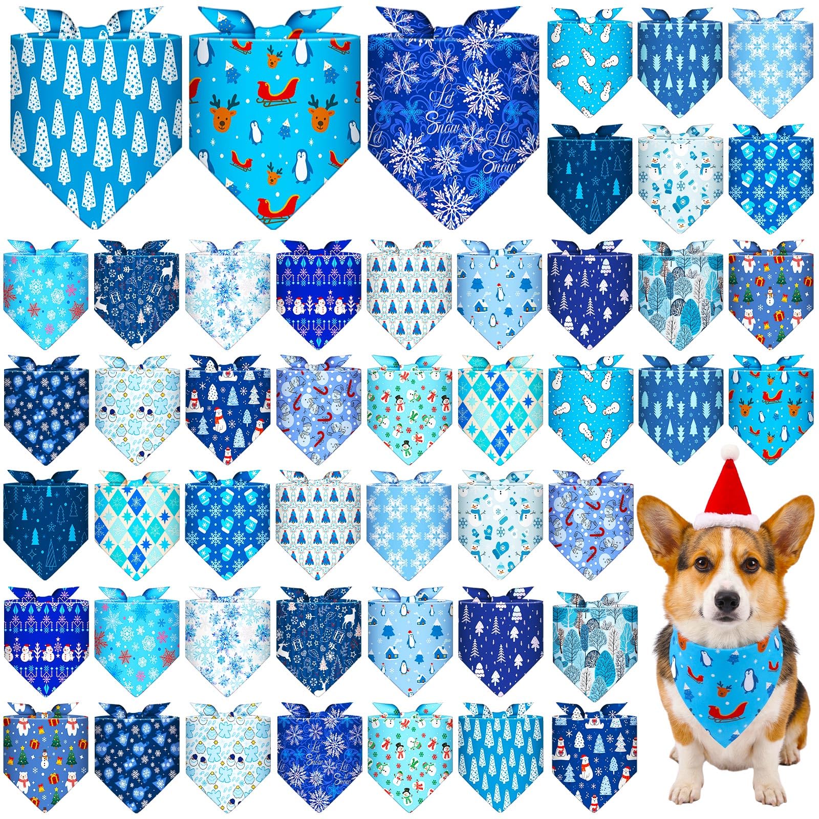 Sanwuta 48 Pcs Winter Dog Bandanas Bulk Blue White Holiday Scarf for Pet