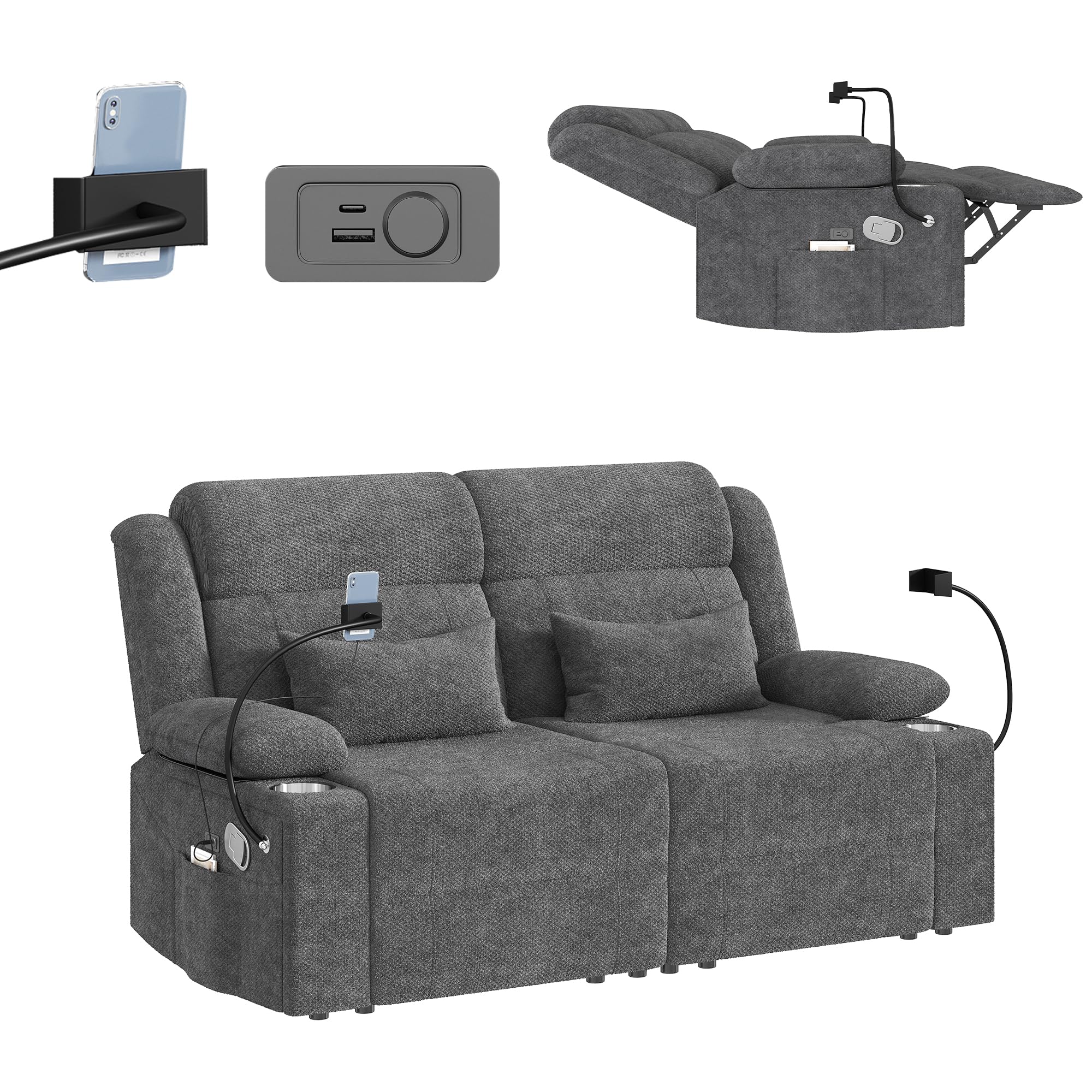 CHABATREE Home Theater Seating，RV Reclining Sofa Set with Adjustable Headrest， Recliner Sofa with Heat and USB&amp;Type-C, Dawer &amp; Cup Holders, 150° Recline for RV &amp; Living Room(Loveseat Grey)