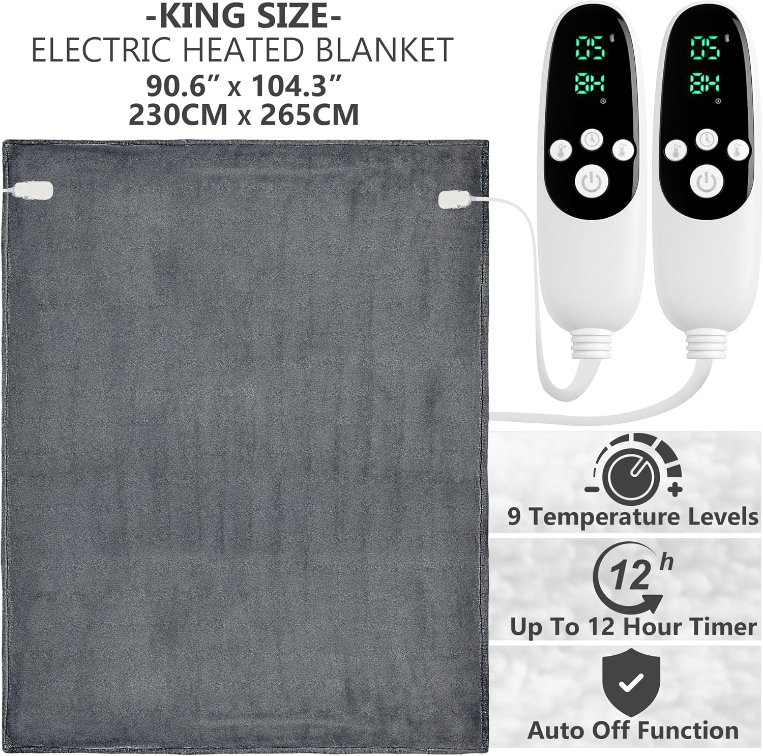 get trend heated blanket electric luxurious fleece king blanket, 9 heat settings & 12h auto shut-off, gifts for grandma, grandpa, seniors, 90x105 in (dark grey, king us) dark grey king us