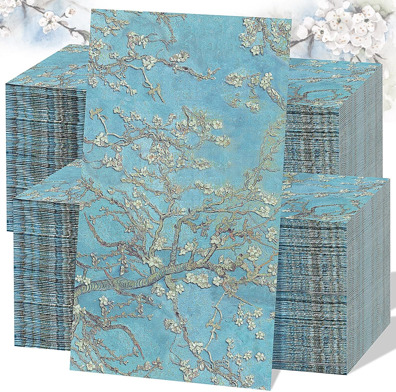 Spiareal 200 Pcs Disposable Paper Hand Towels, Blue Cherry Blossom Decorative Guest Towels, Floral Paper Napkins Dinner Hand Napkins for Bathroom, Wedding, Party, Dinner