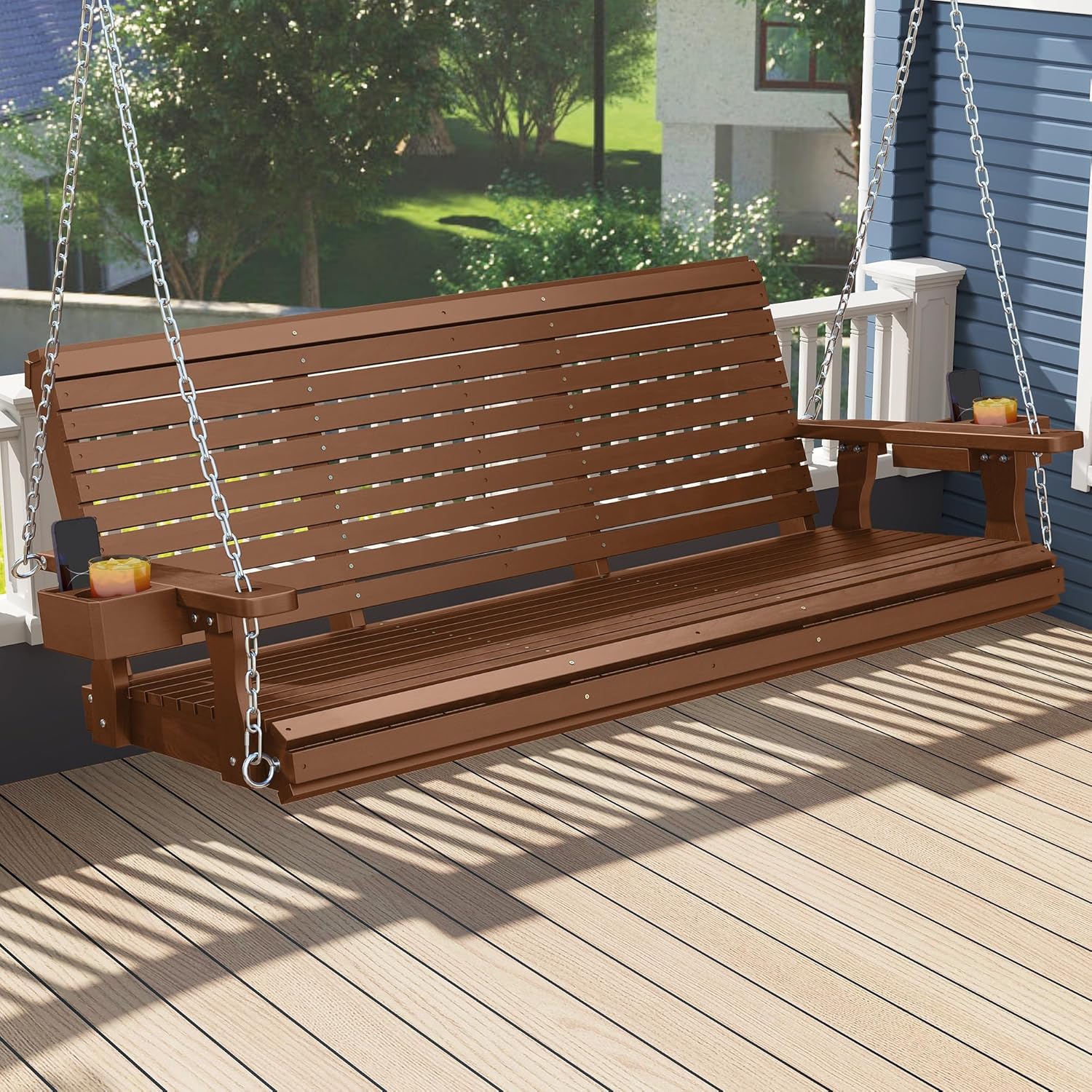 Real Relax 3-Person Wooden Porch Swing with Cup Holders, 880 lbs Capacity, 22" Deep Seat, Teak Tone - Heavy Duty Outdoor Hanging Bench