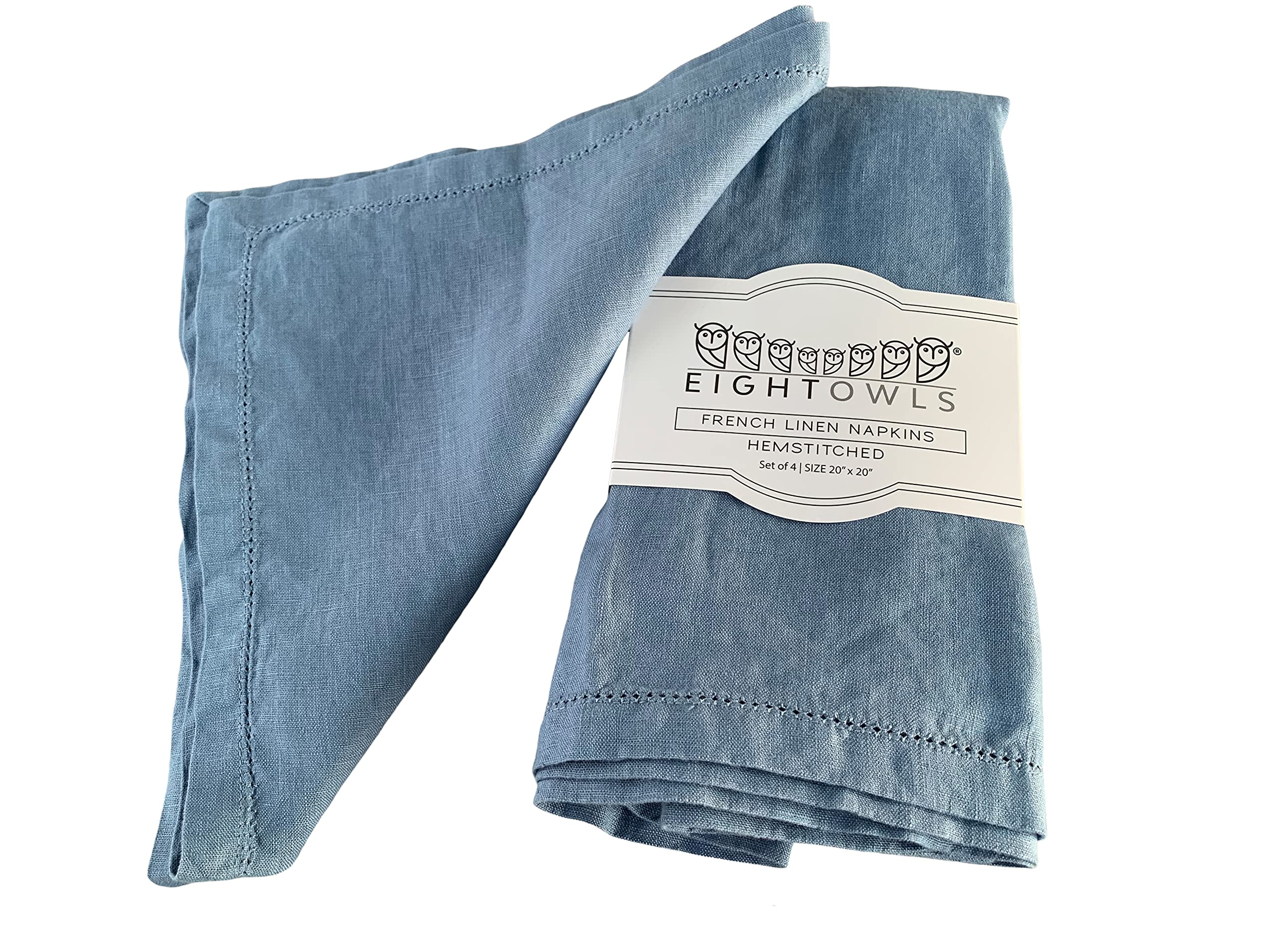 Eight Owls Dusty Pastel Blue Hemstitched Linen Napkins – 50 Cm X 50 Cm - Stonewashed Pure Linen Cloth Napkins With Mitered Corners – Set Of 4 (Dusty Pastel Blue)