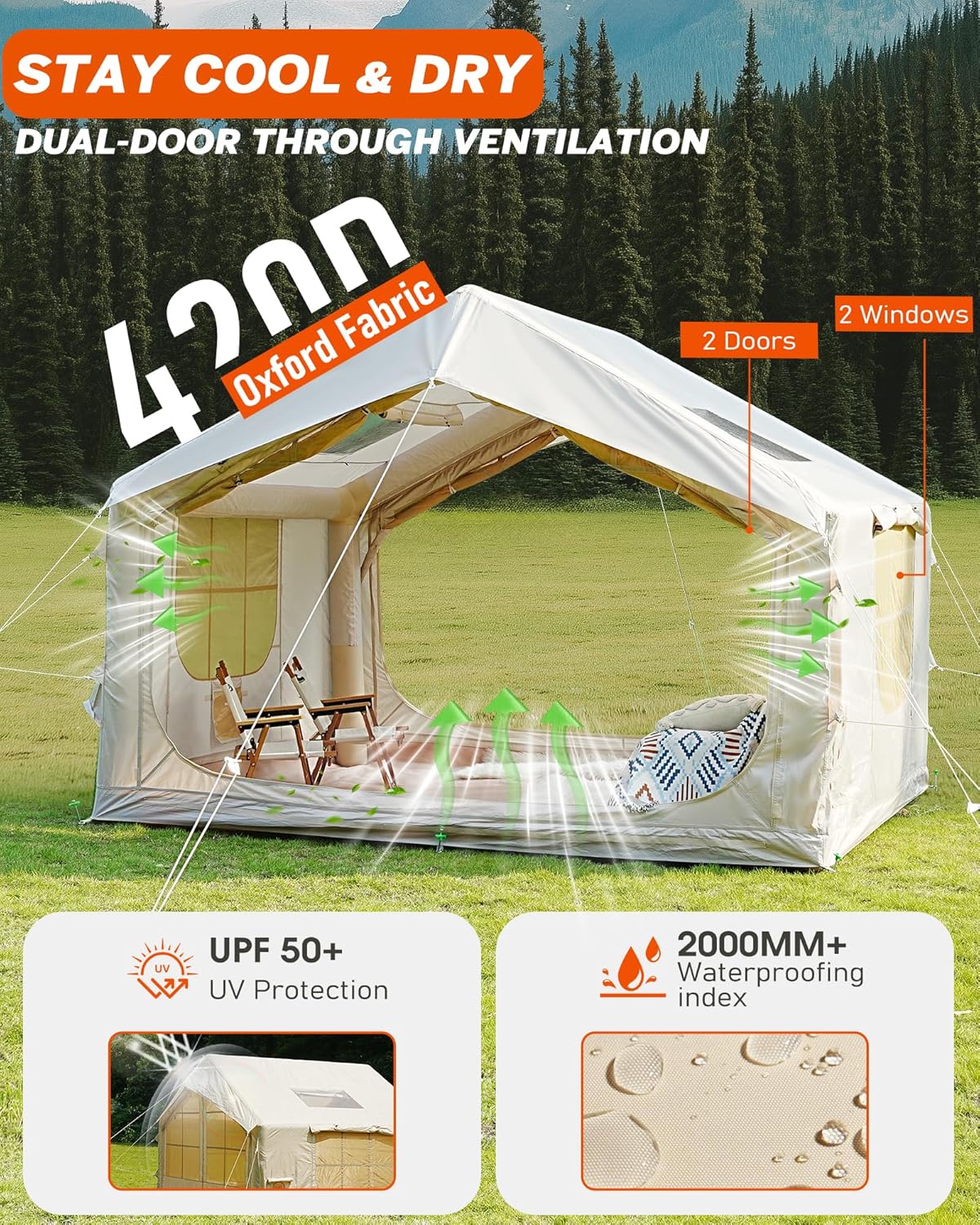 Inflatable Tent for Camping with Pump, 4-6 Person Extra-Space Blow up Tent, 420D Waterproof Oxford Glamping Air for Family, 4 Season Inflatable House