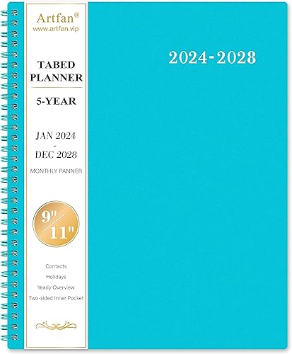 Agenda mensual 2024-2028, calendario mensual de 5 años, enero de 2024 a diciembre de 2028, 9 x 11 pulgadas, bolsillo de doble cara + cubierta de