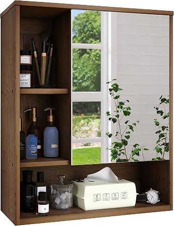 SMIBUY Bathroom Mirror Cabinet Wall Mounted, Bamboo Space Saver Medicine Cabinet, Wall Hanging Over Toilet Storage Cabinet with Mirror Door and Adjustable Shelf Walnut