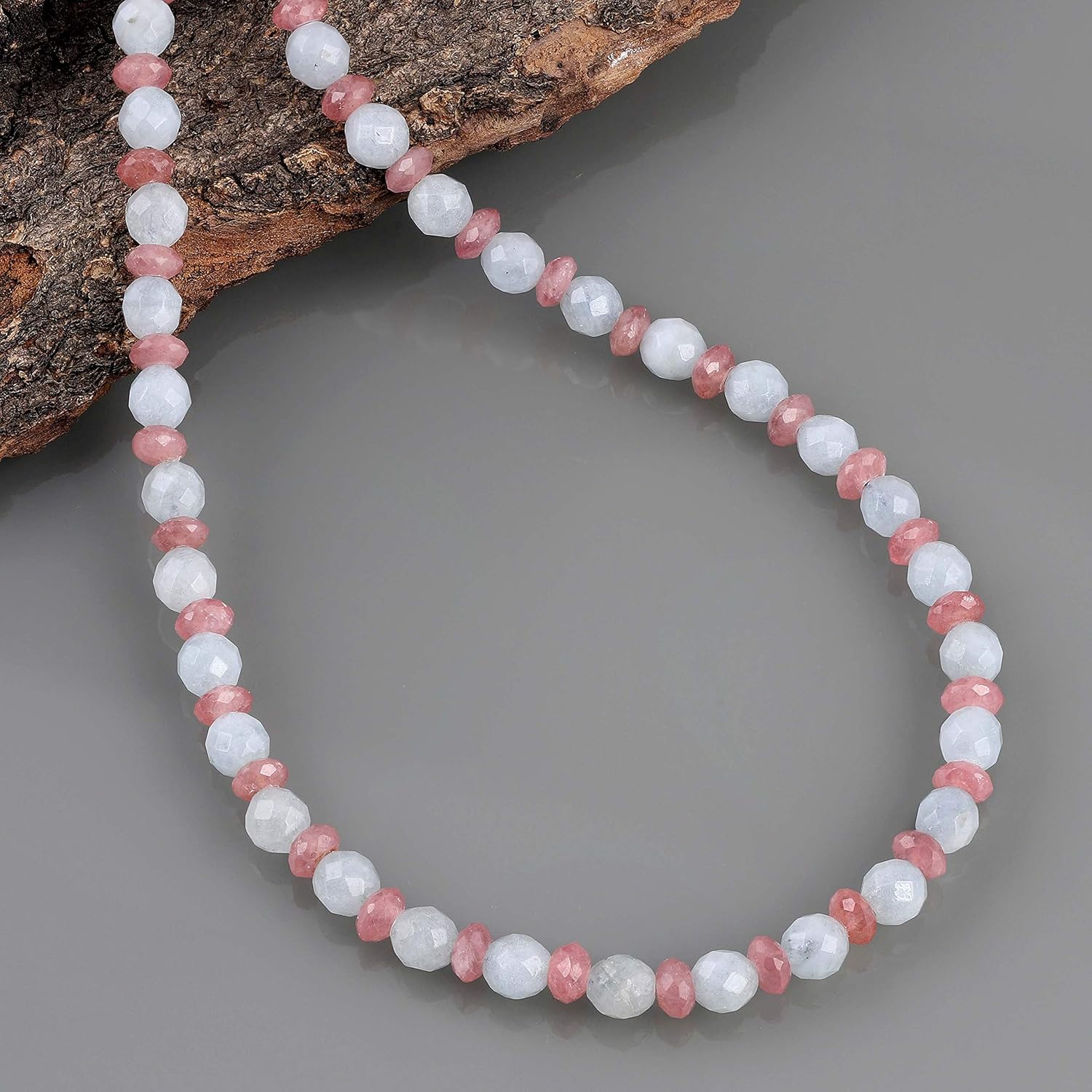 Natural Multicolor Aquamarine & Rhodochrosite Faceted Bead Gemstone Necklace with 925 Sterling Silver Chain for Women. Jewelry Gift for Easter, Mother, Wife, Birthday, Wedding Anniversary - 50 Cm