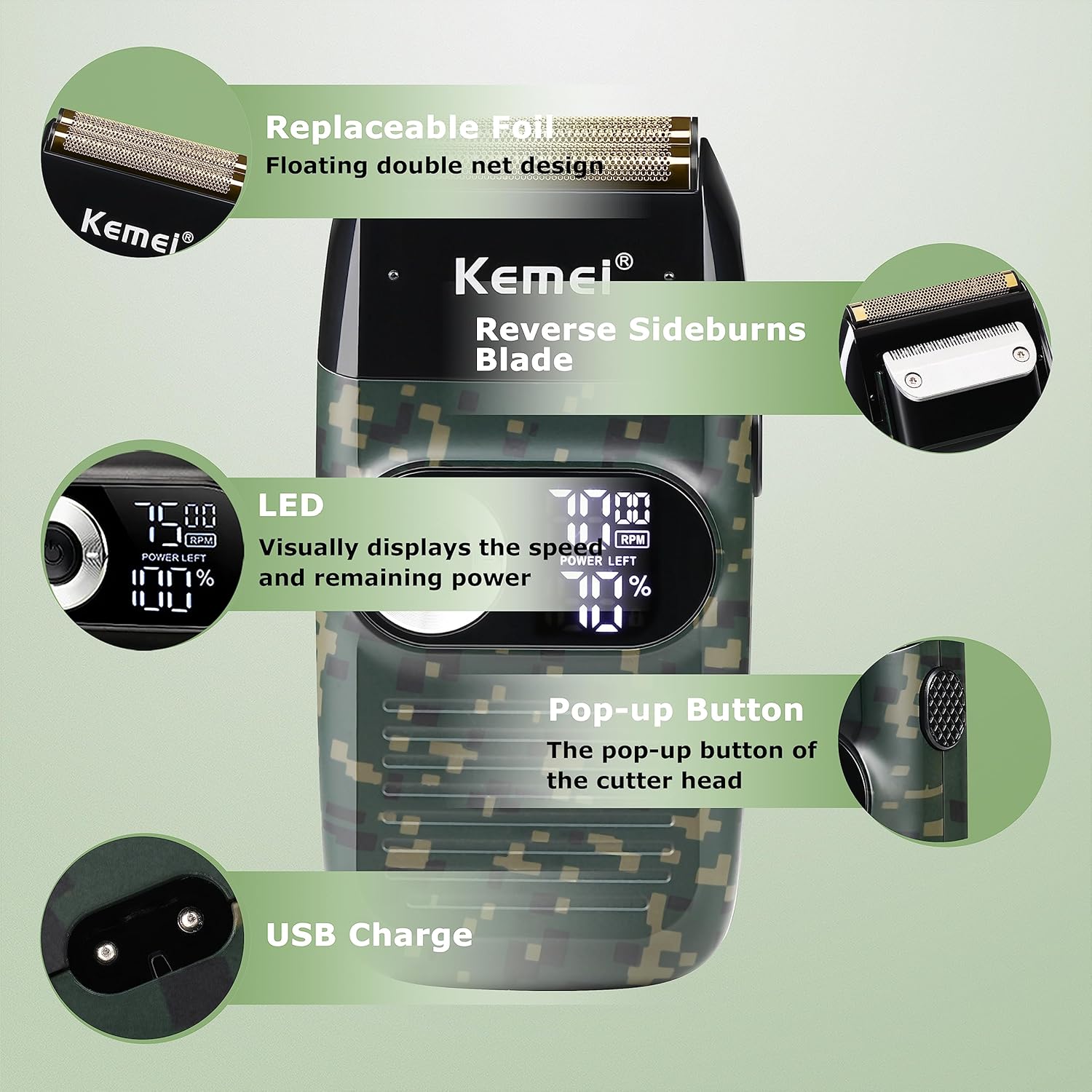 Kemei Foil Professional Electric Shaver for Men Razor with Bald Trimmer Cordless Shavers Rechargeble LED Display 2 in 1