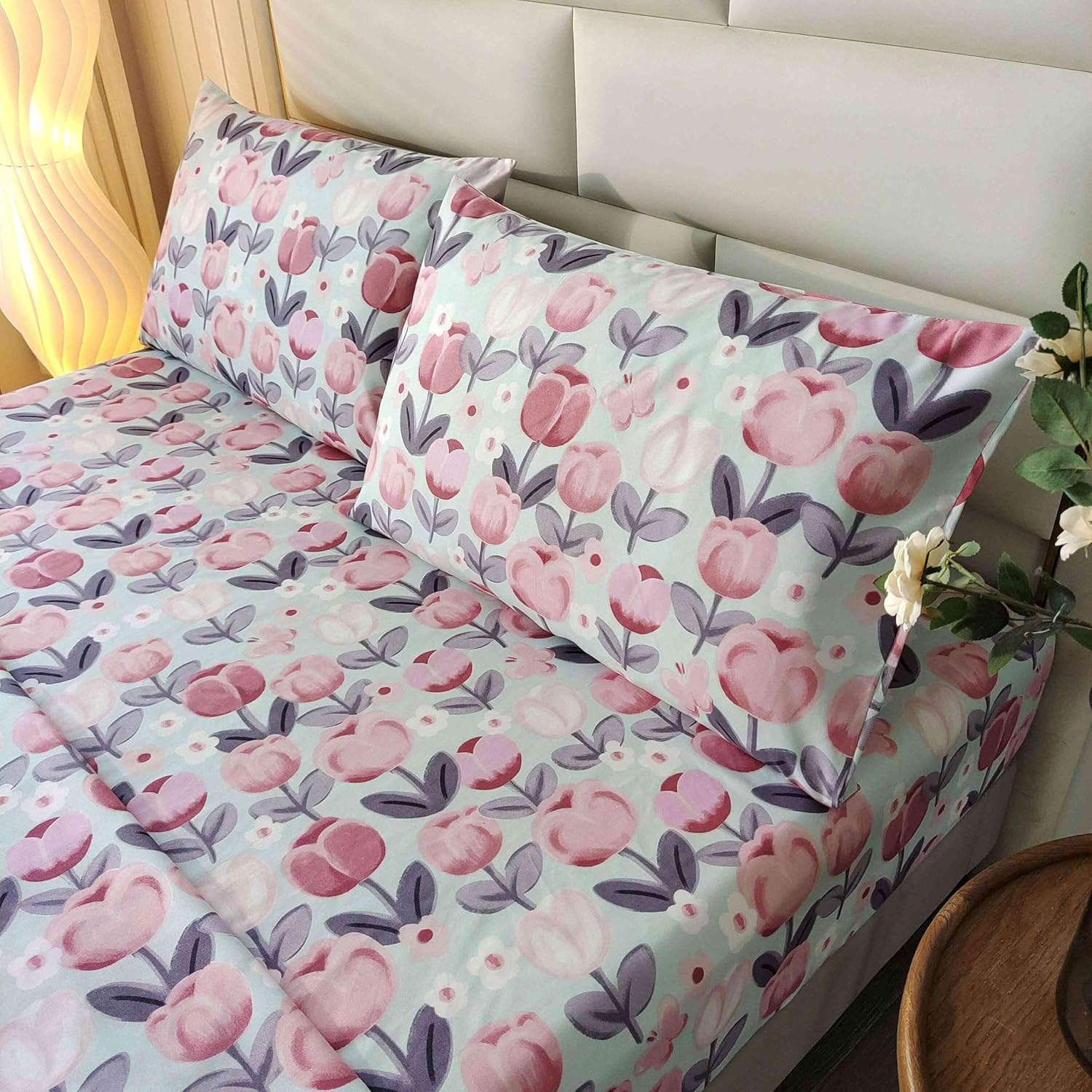 SDIII 4PCS Pink Floral Queen Sheets Set, Soft Microfiber Floral Sheets Queen Size Deep Pocket, Sweet Romantic Pink Flower Bed Sheet All Season