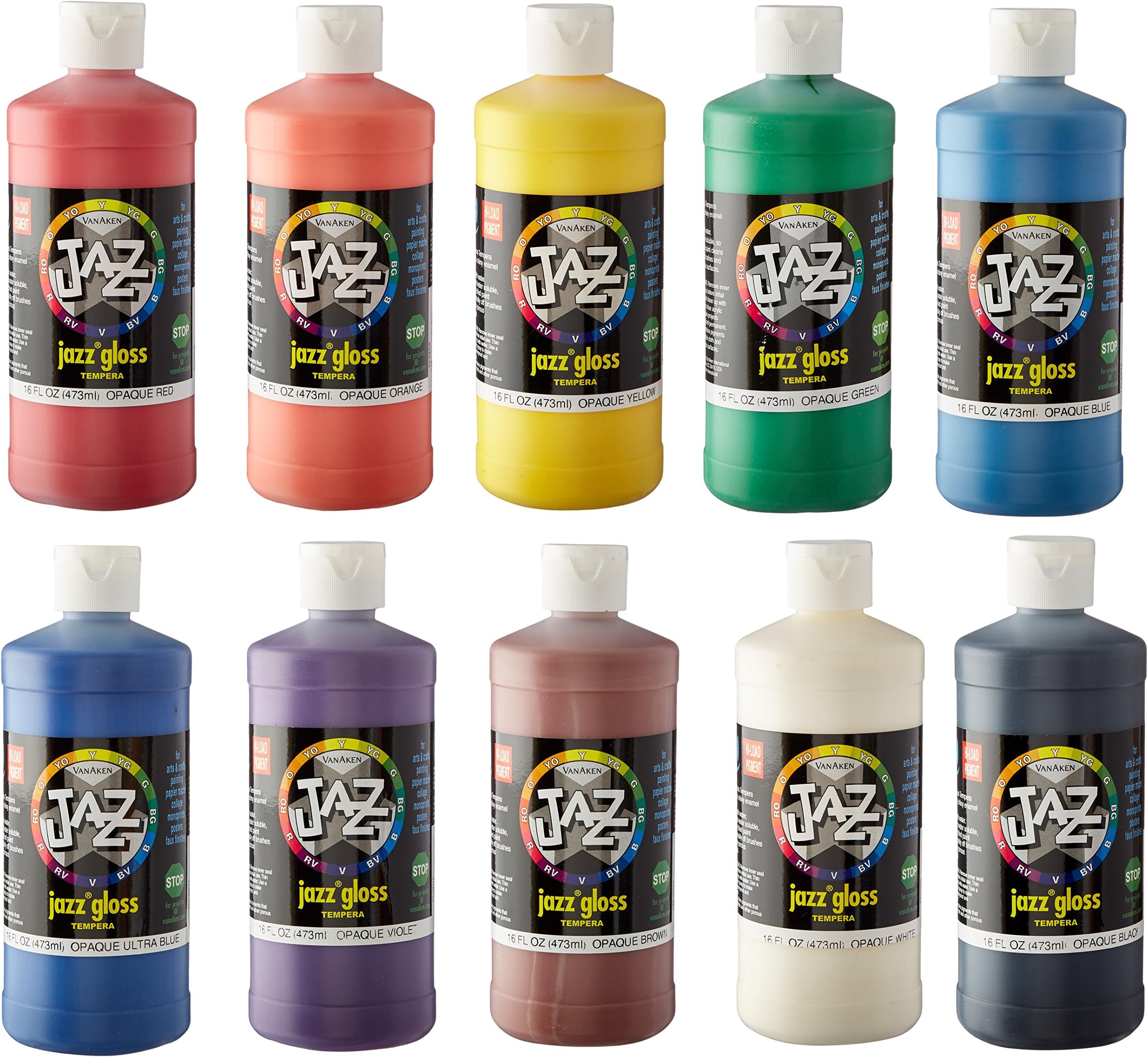 Van Aken Jazz Non-Toxic Water Soluble Sparkling Tempera Paint Set, 1 pt Squeeze Bottle, Assorted Opaque Gloss Color, Set of 10