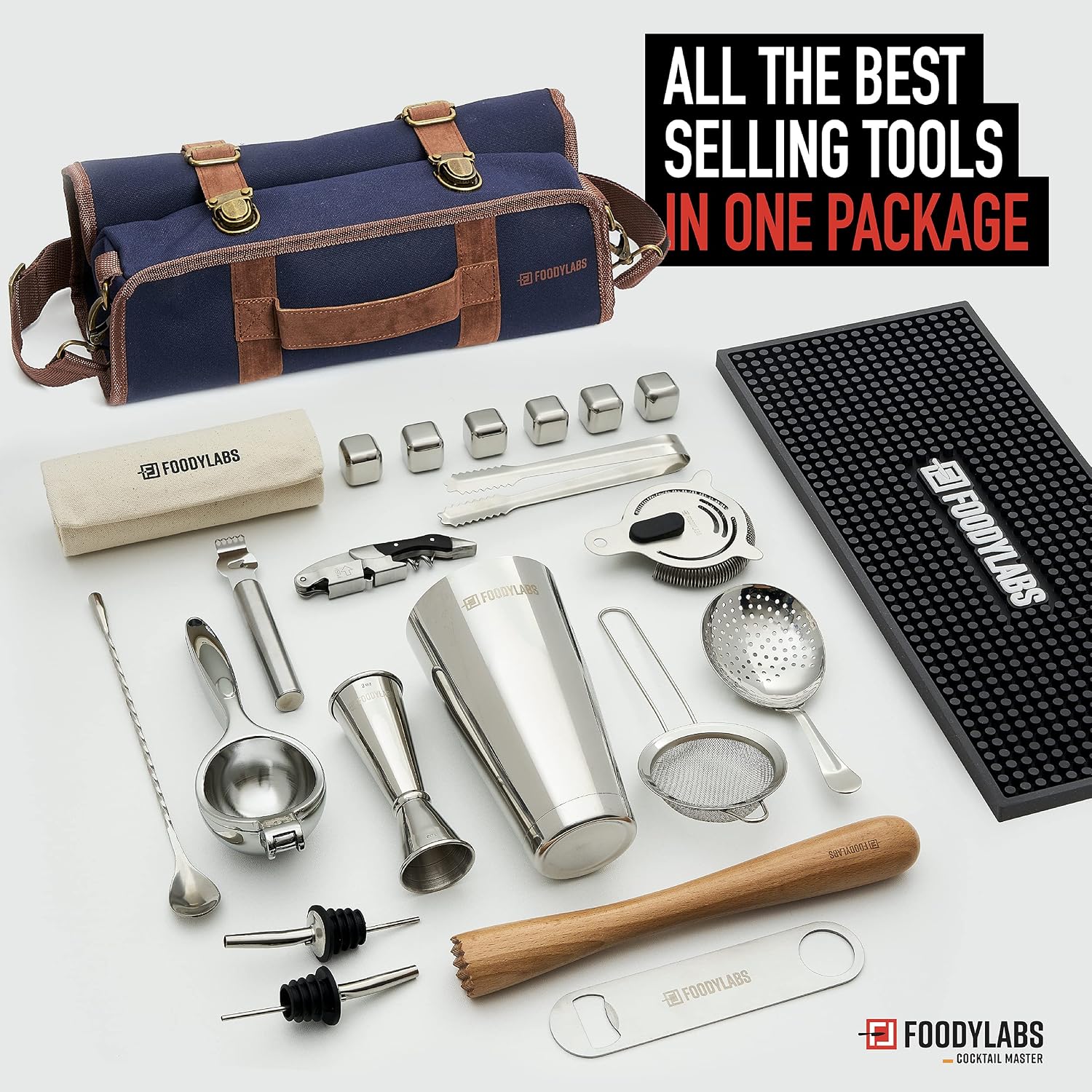 Bеѕt Cуbеr Mоndау 🔥 Travel Mixology Bartender Kit | 24 Pieces Deluxe Barware Tool Sets with Cocktail Shaker | Portable Bar Tools Bartender Tool Kit in Foldable Canvas Bag | Ultimate Travel Bar set - Bonus Bar Mat