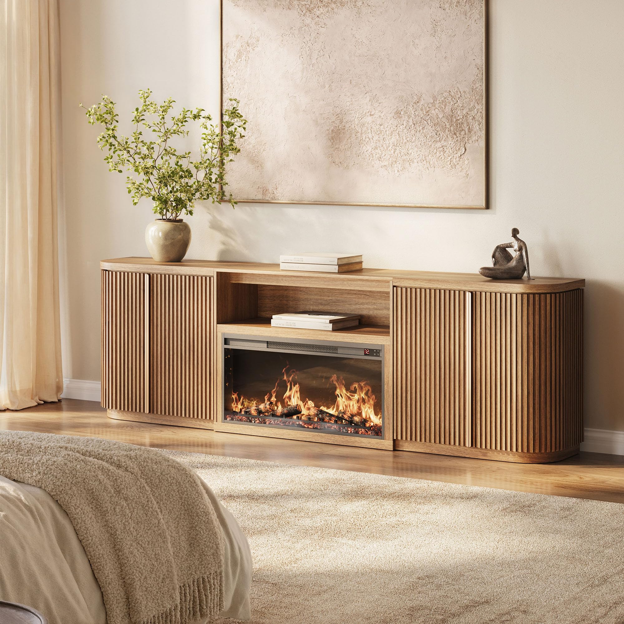 BELLEZE Westmont 63" TV Stand with Fluted Wood Door - Ebony